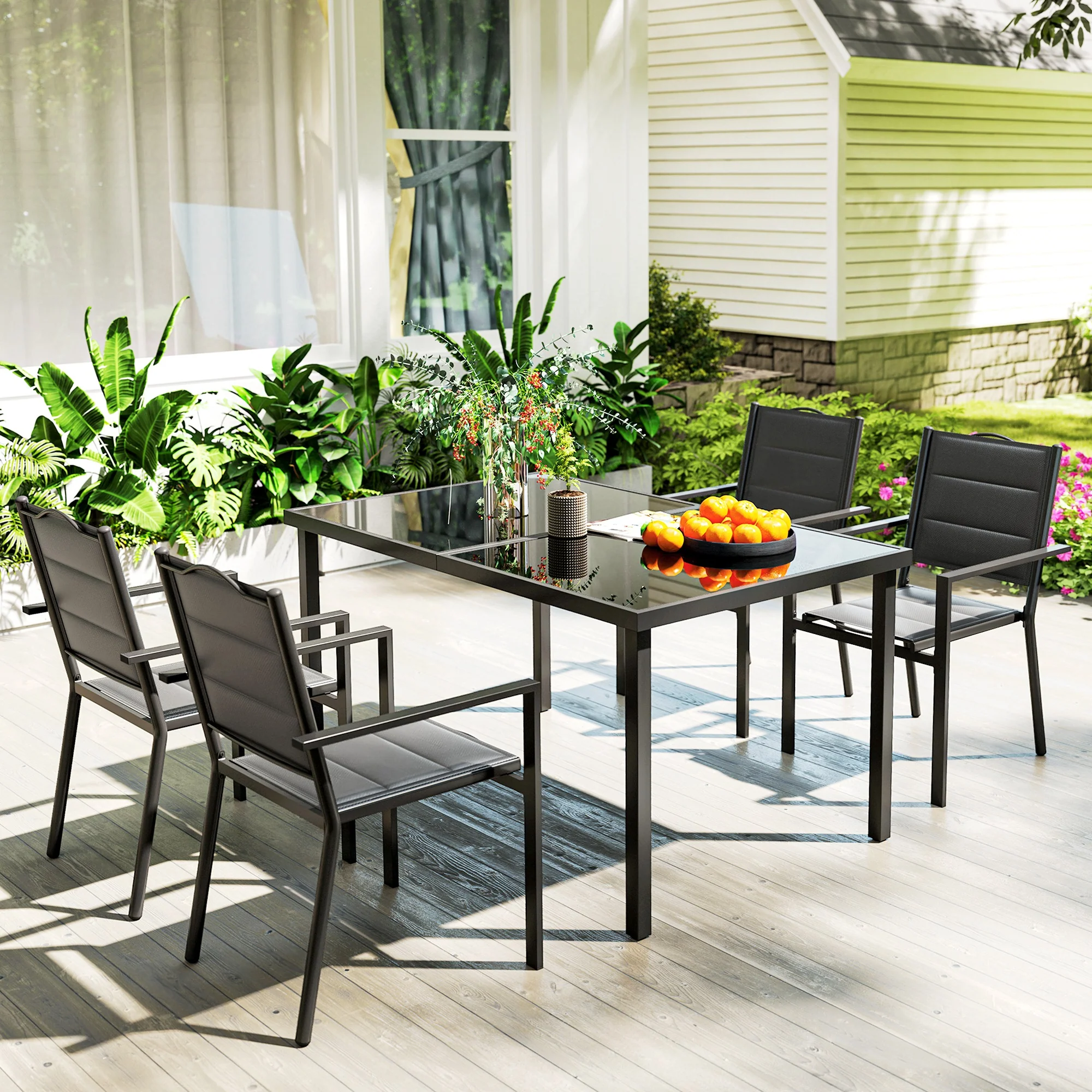 5 Piece Outdoor Dining Set w/ 4 Stackable Chairs, Rectangle Table, Tempered Glass Top, Black - Image 4