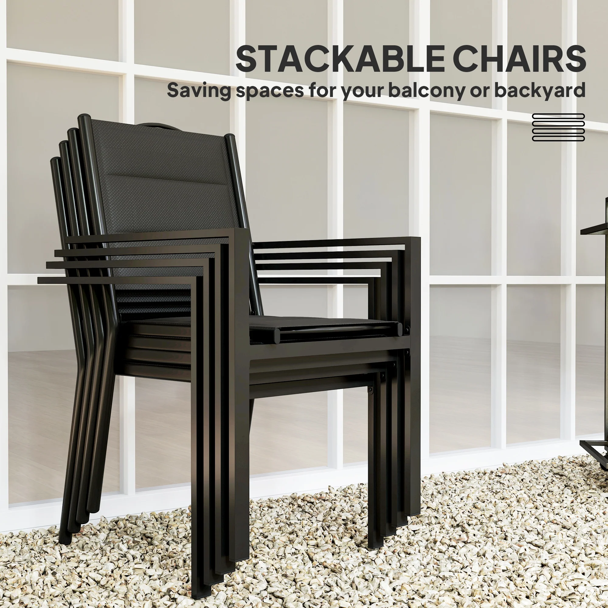 5 Piece Outdoor Dining Set w/ 4 Stackable Chairs, Rectangle Table, Tempered Glass Top, Black - Image 7