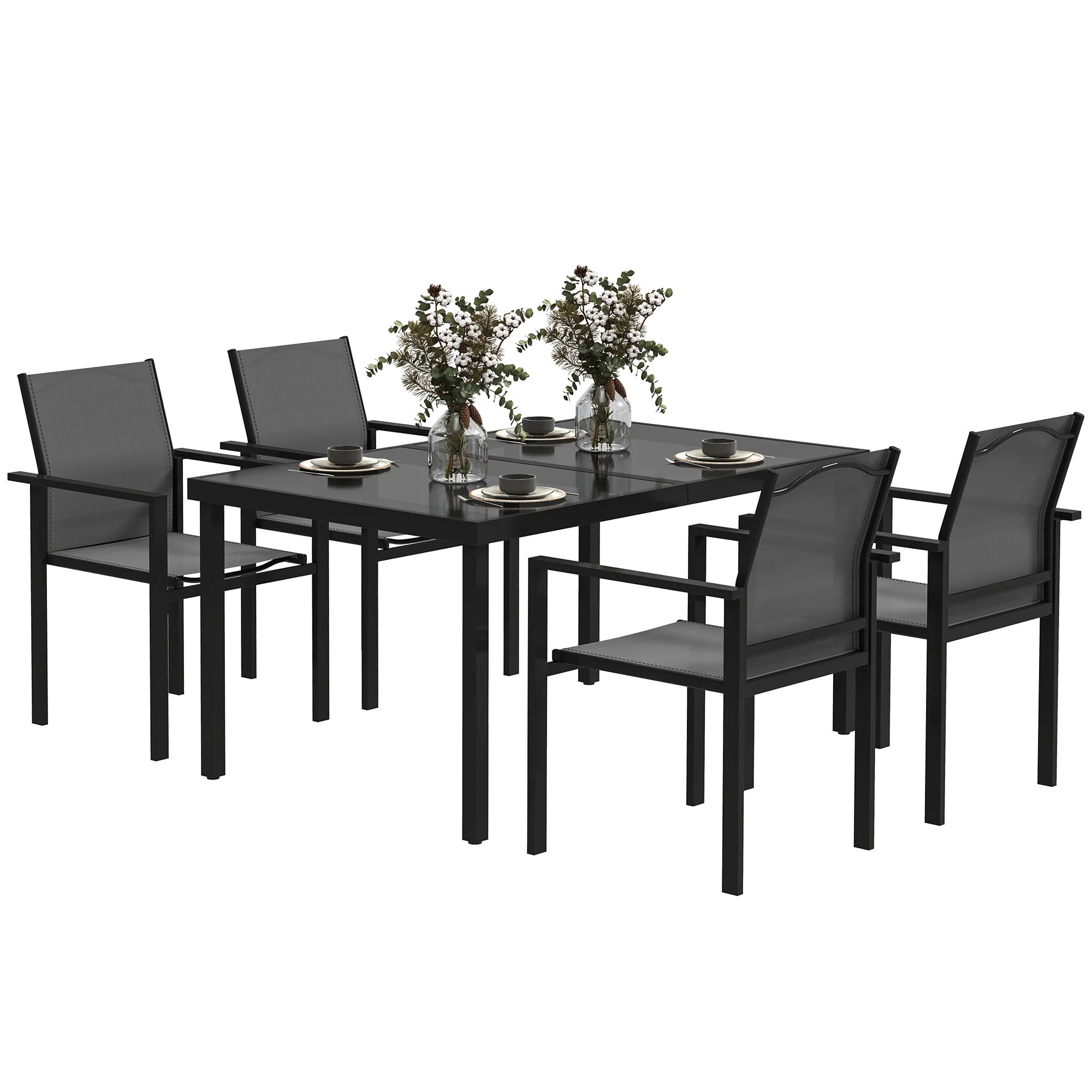 Patio Dining Set for 4, Rust-Resistant Table w/ Tempered Glass Top, 4 Stackable Chairs, Black