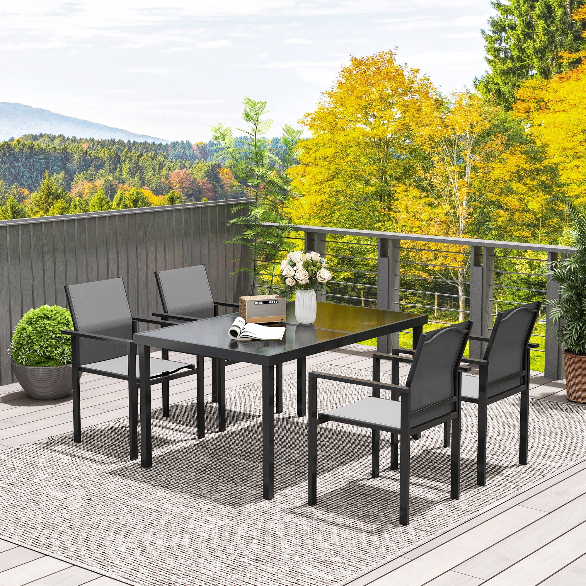Patio Dining Set for 4, Rust-Resistant Table w/ Tempered Glass Top, 4 Stackable Chairs, Black - Image 11