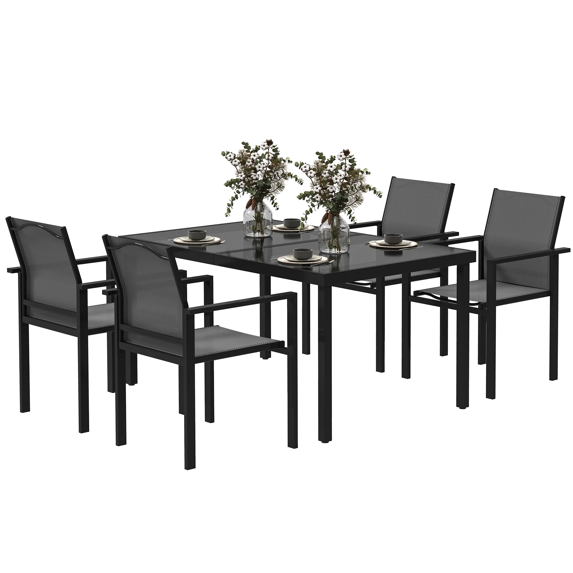 Patio Dining Set for 4, Rust-Resistant Table w/ Tempered Glass Top, 4 Stackable Chairs, Black - Image 2