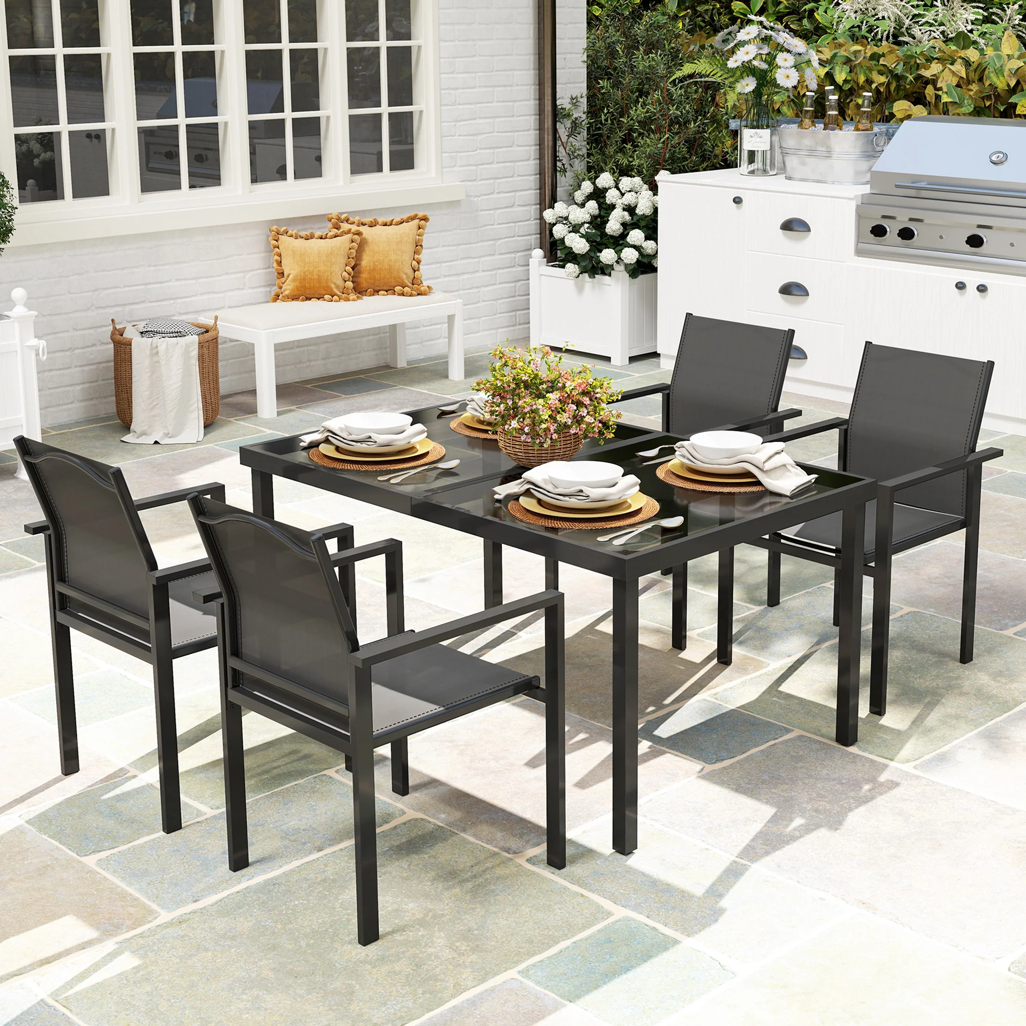 Patio Dining Set for 4, Rust-Resistant Table w/ Tempered Glass Top, 4 Stackable Chairs, Black - Image 3