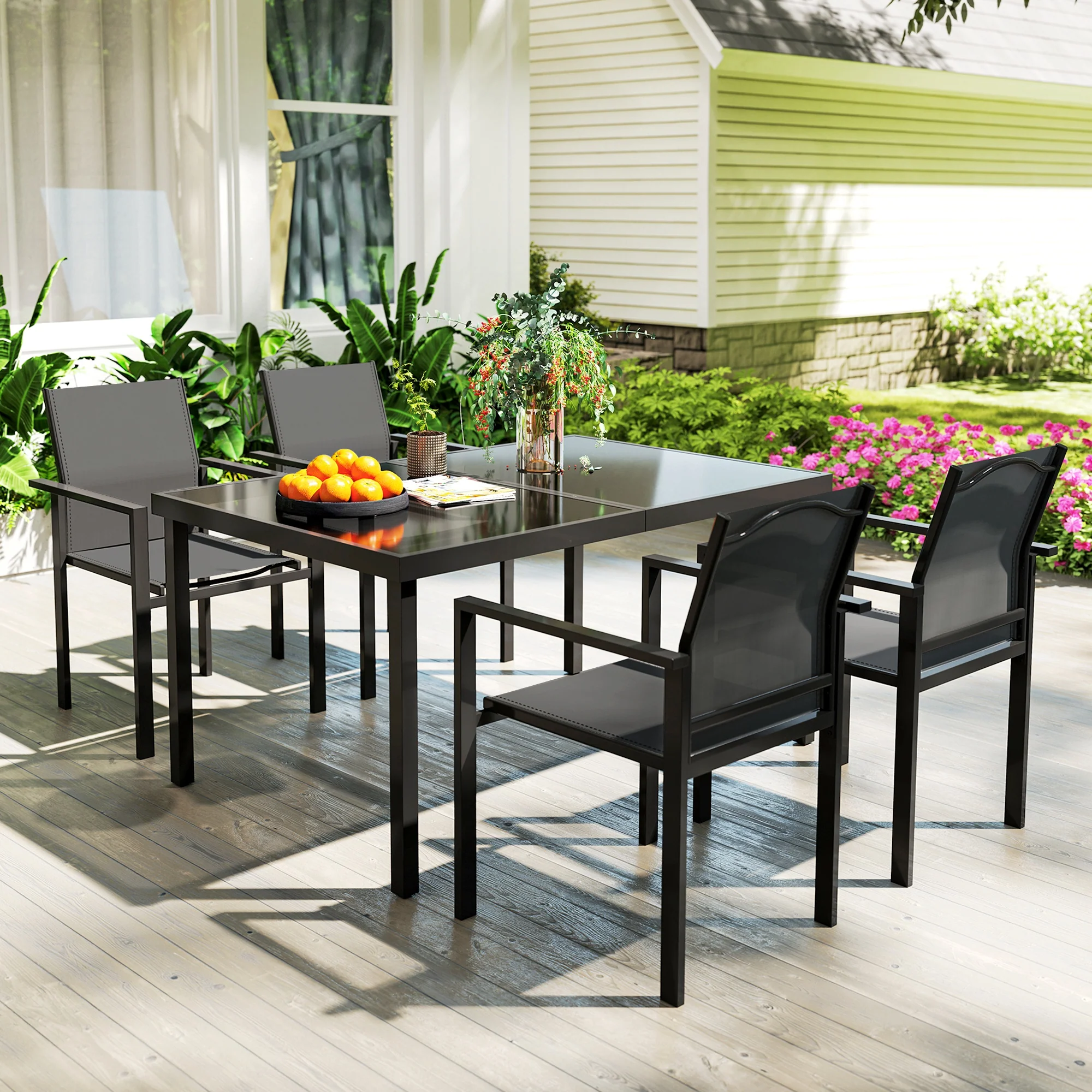 Patio Dining Set for 4, Rust-Resistant Table w/ Tempered Glass Top, 4 Stackable Chairs, Black - Image 4