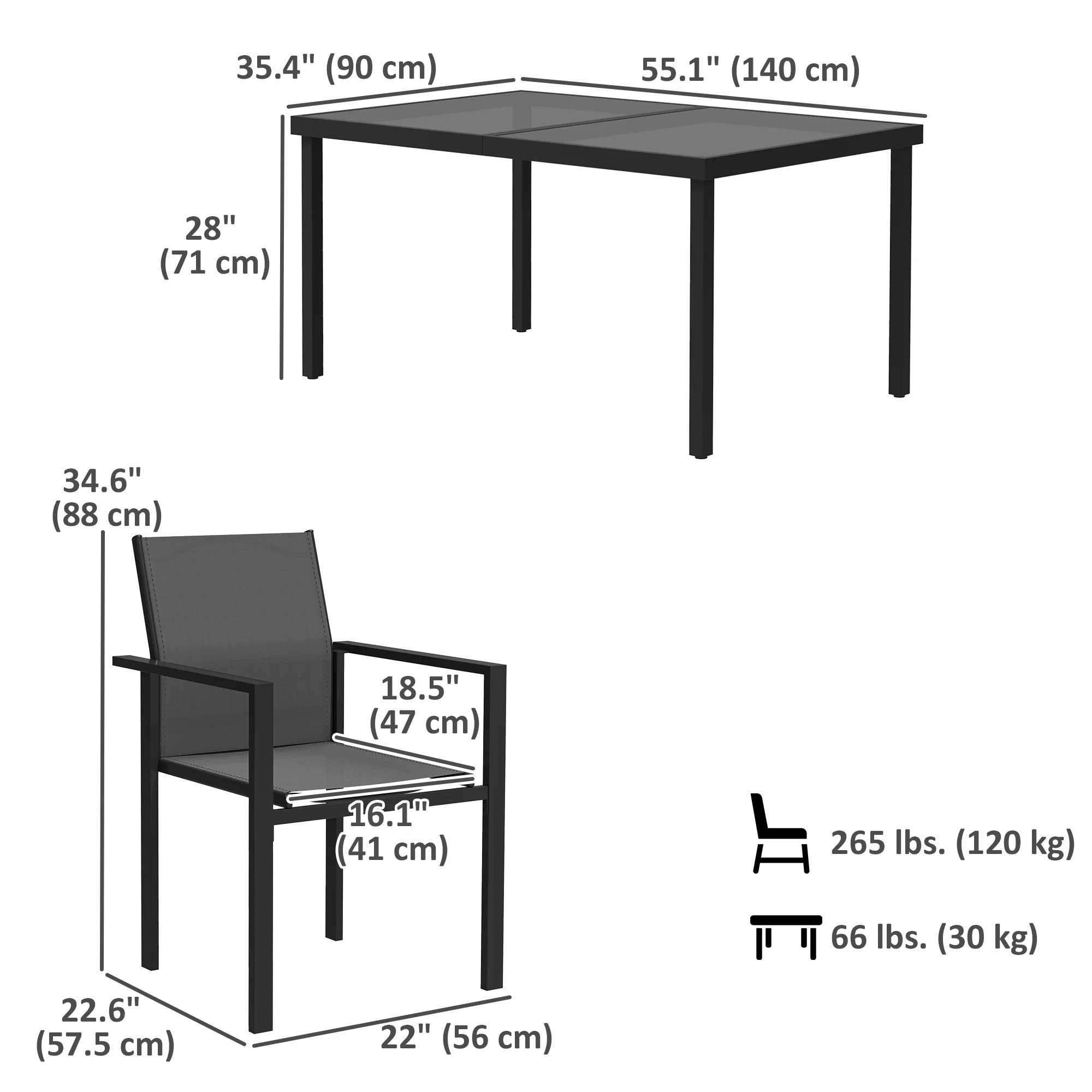 Patio Dining Set for 4, Rust-Resistant Table w/ Tempered Glass Top, 4 Stackable Chairs, Black - Image 5