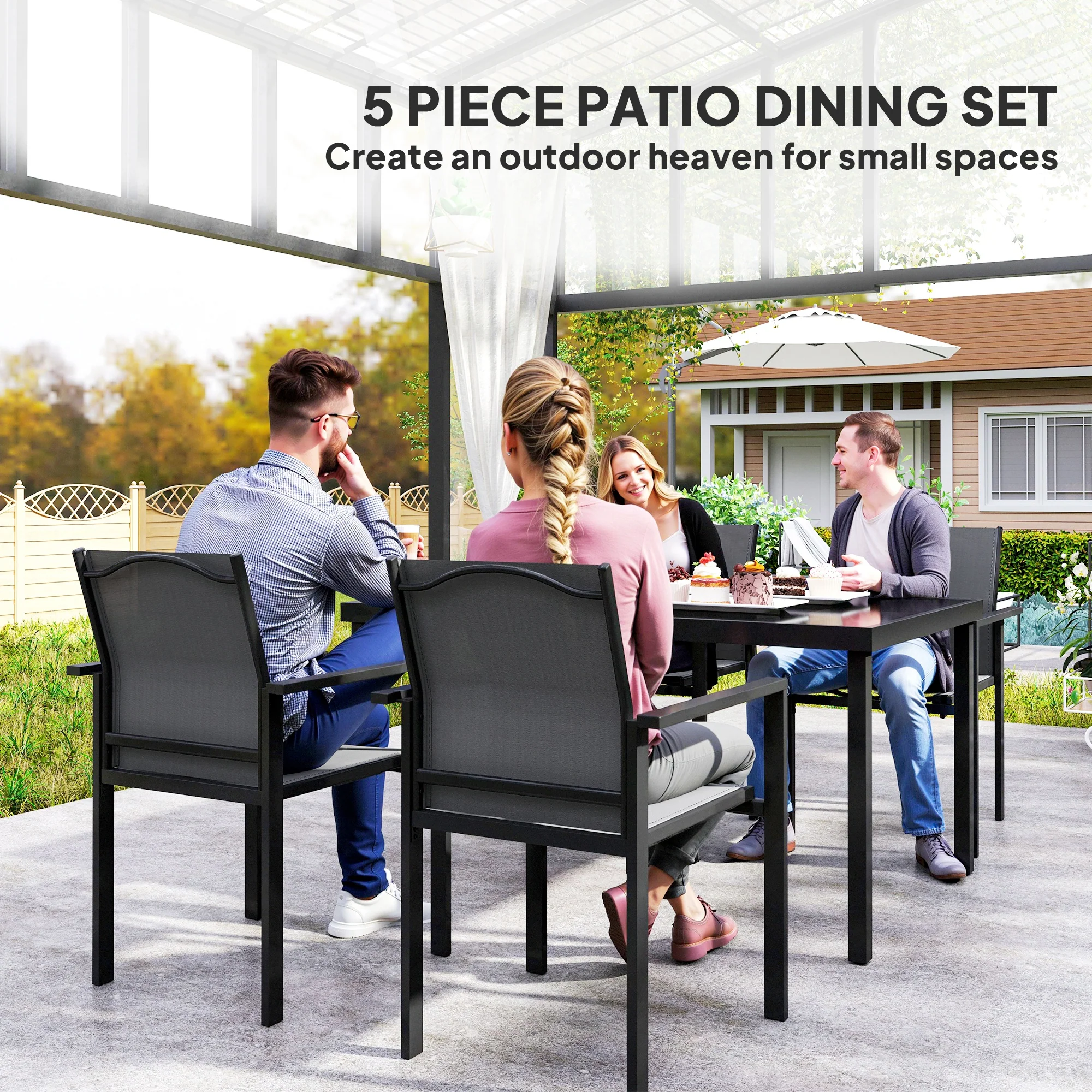 Patio Dining Set for 4, Rust-Resistant Table w/ Tempered Glass Top, 4 Stackable Chairs, Black - Image 6