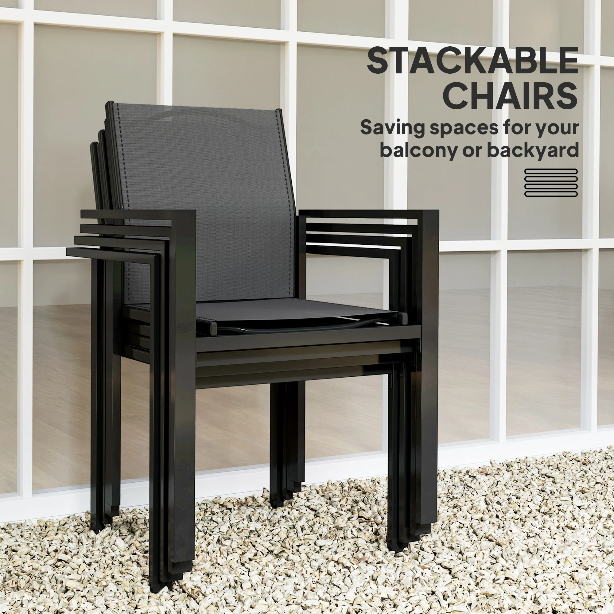 Patio Dining Set for 4, Rust-Resistant Table w/ Tempered Glass Top, 4 Stackable Chairs, Black - Image 7