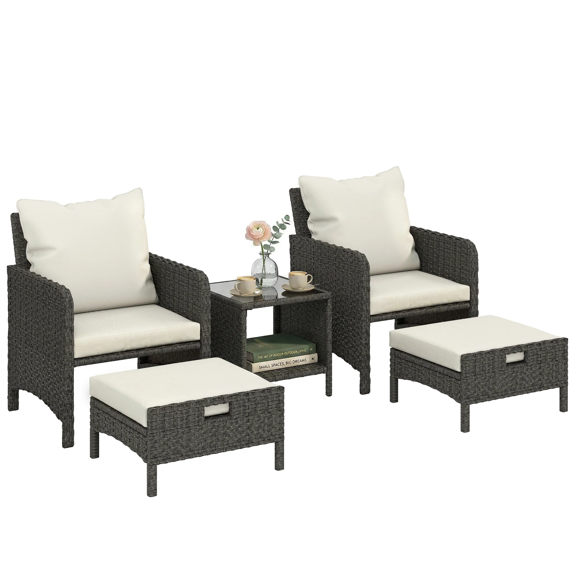 5-Piece Wicker Patio Set with 23.6" Deep Seats, 2 Ottomans & Glass Table, Beige