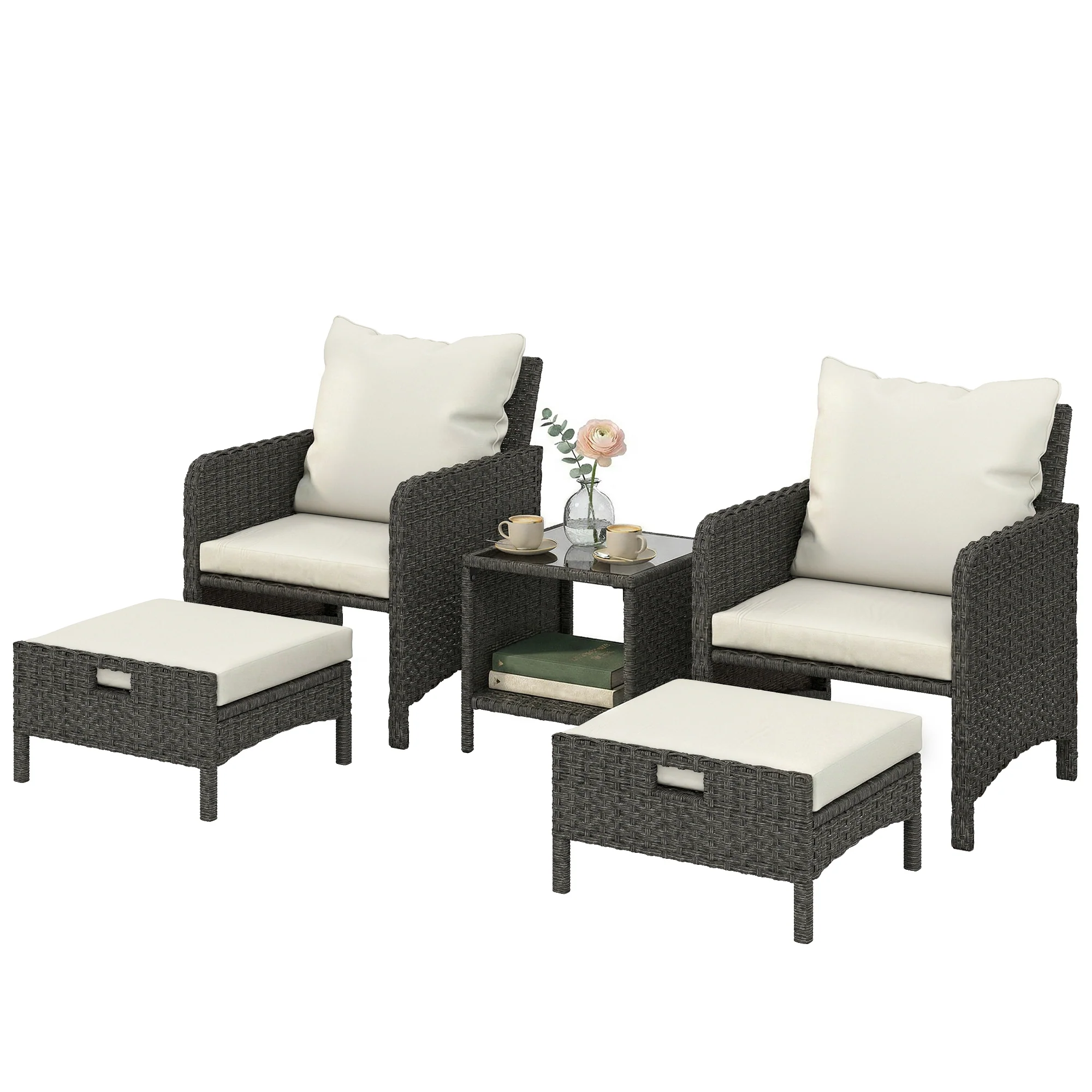 5-Piece Wicker Patio Set with 23.6" Deep Seats, 2 Ottomans & Glass Table, Beige - Image 2