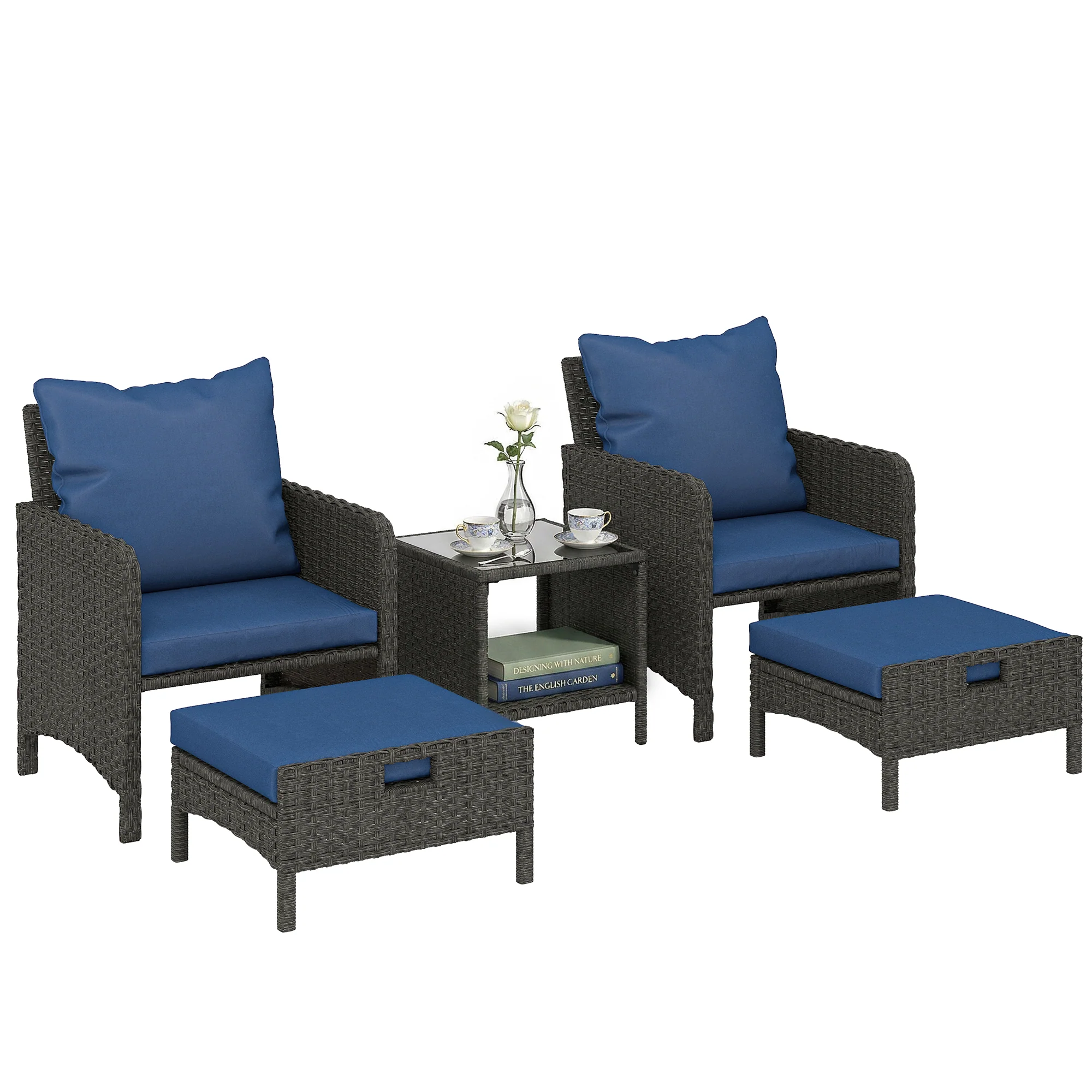 5-Piece Wicker Patio Conversation Set with 23.6" Deep Seats, 2 Ottomans, Glass Coffee Table, Cushions, Navy Blue