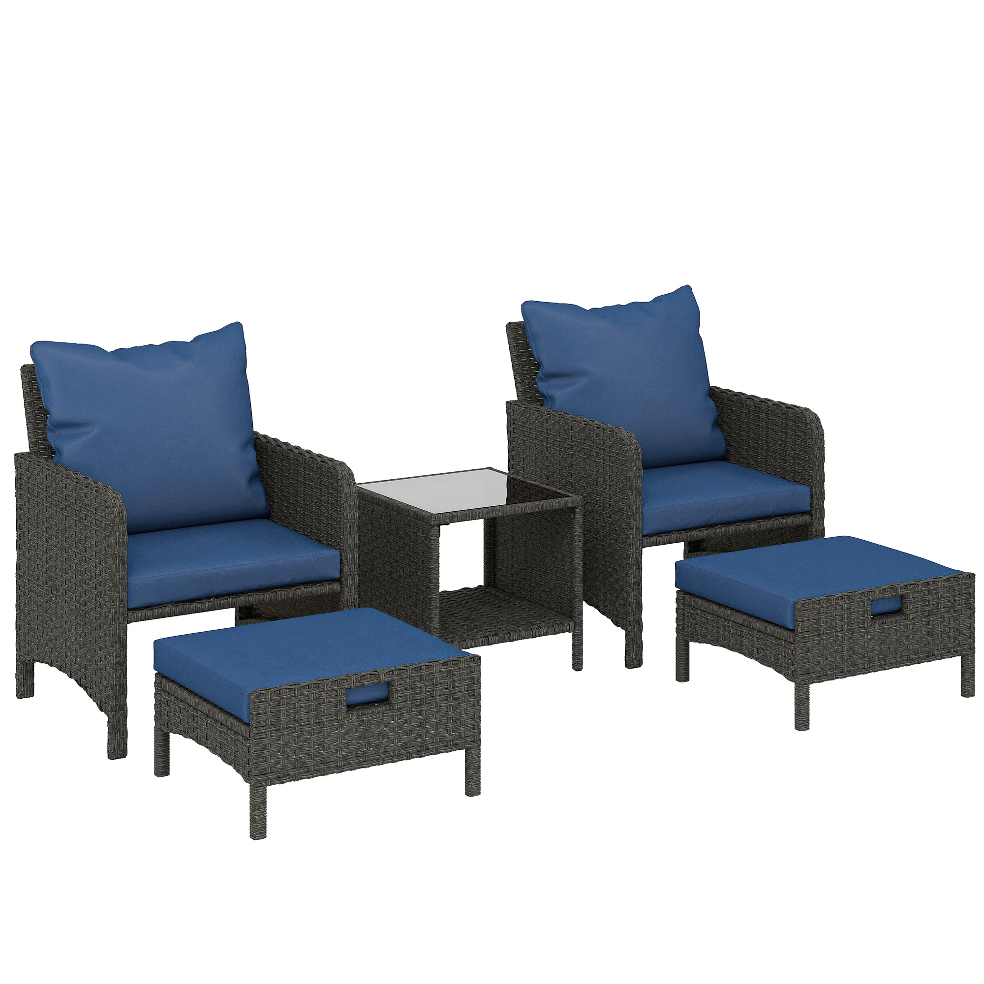 5-Piece Wicker Patio Conversation Set with 23.6" Deep Seats, 2 Ottomans, Glass Coffee Table, Cushions, Navy Blue - Image 12