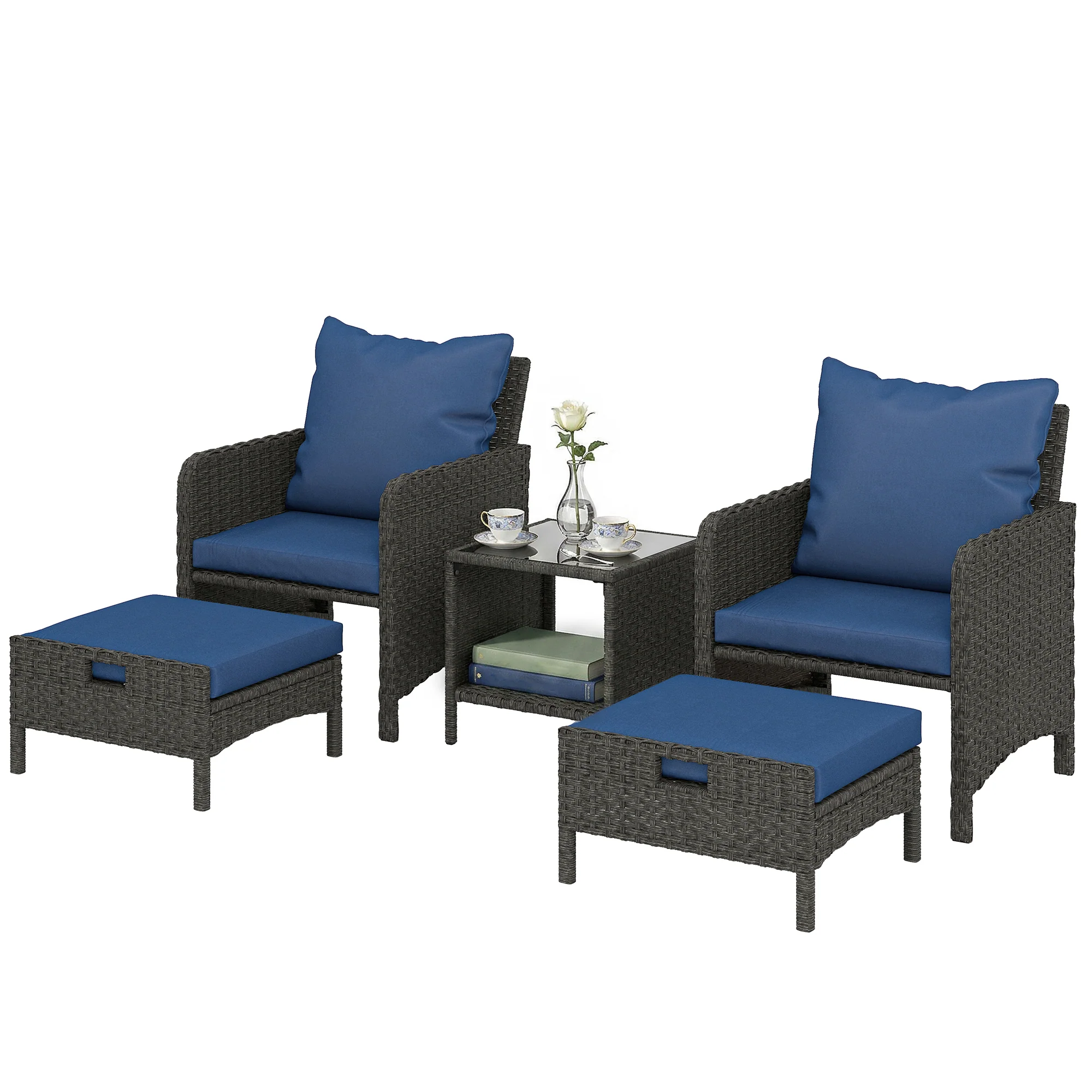 5-Piece Wicker Patio Conversation Set with 23.6" Deep Seats, 2 Ottomans, Glass Coffee Table, Cushions, Navy Blue - Image 2