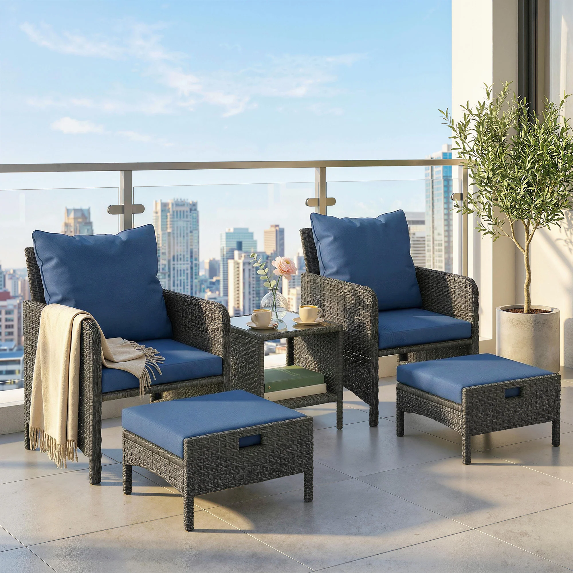 5-Piece Wicker Patio Conversation Set with 23.6" Deep Seats, 2 Ottomans, Glass Coffee Table, Cushions, Navy Blue - Image 3