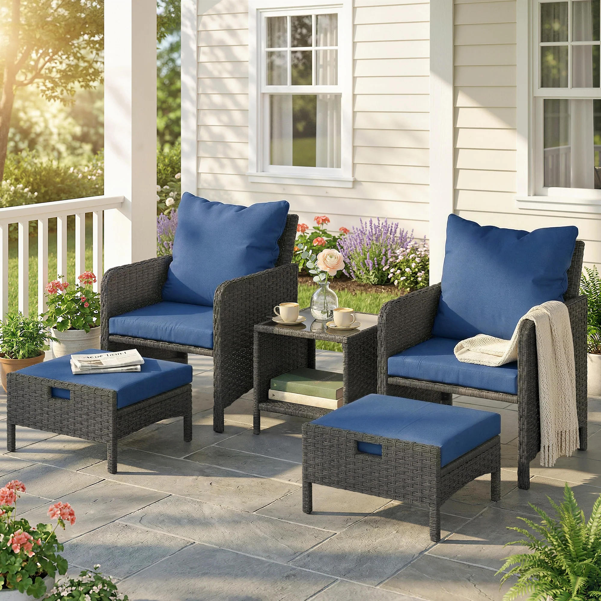 5-Piece Wicker Patio Conversation Set with 23.6" Deep Seats, 2 Ottomans, Glass Coffee Table, Cushions, Navy Blue - Image 4