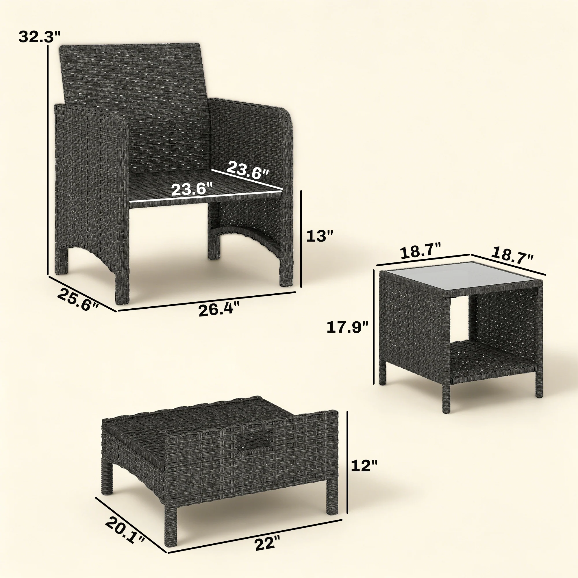 5-Piece Wicker Patio Conversation Set with 23.6" Deep Seats, 2 Ottomans, Glass Coffee Table, Cushions, Navy Blue - Image 5