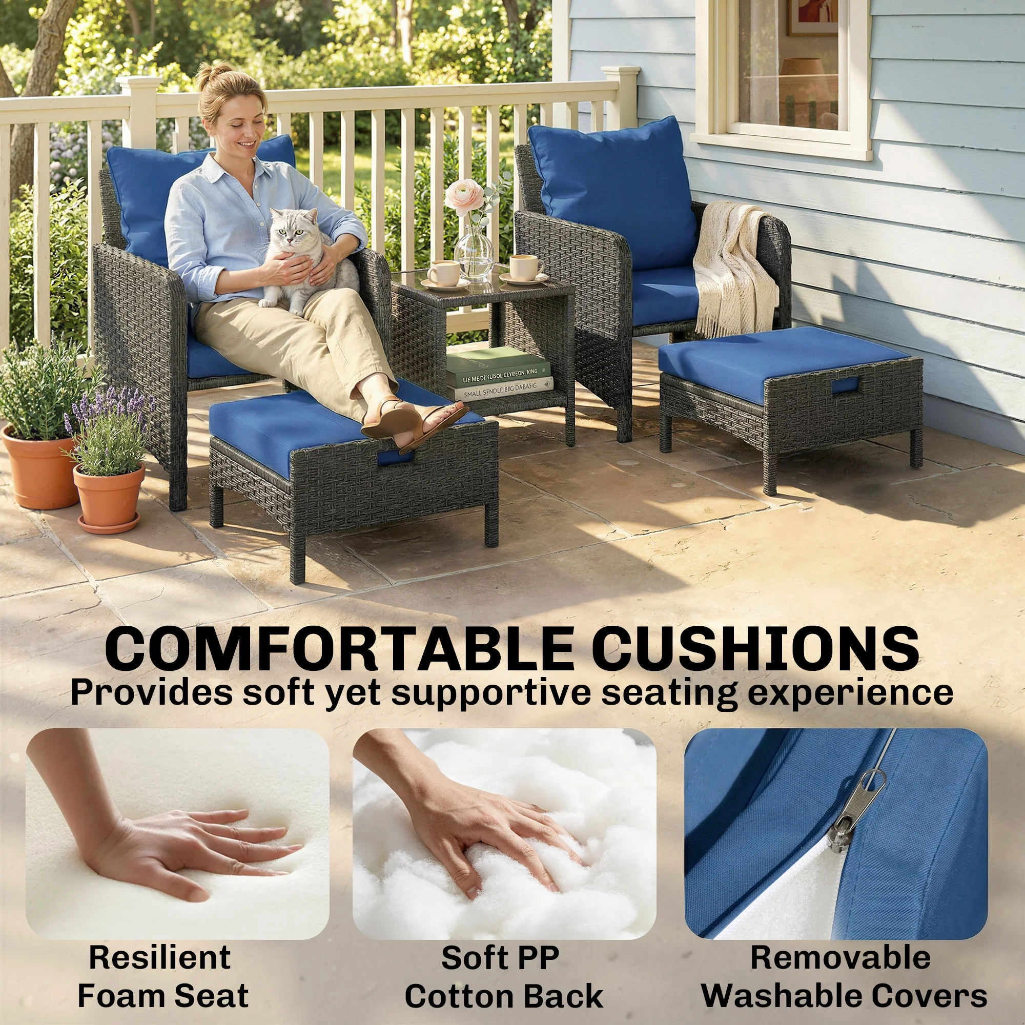 5-Piece Wicker Patio Conversation Set with 23.6" Deep Seats, 2 Ottomans, Glass Coffee Table, Cushions, Navy Blue - Image 7