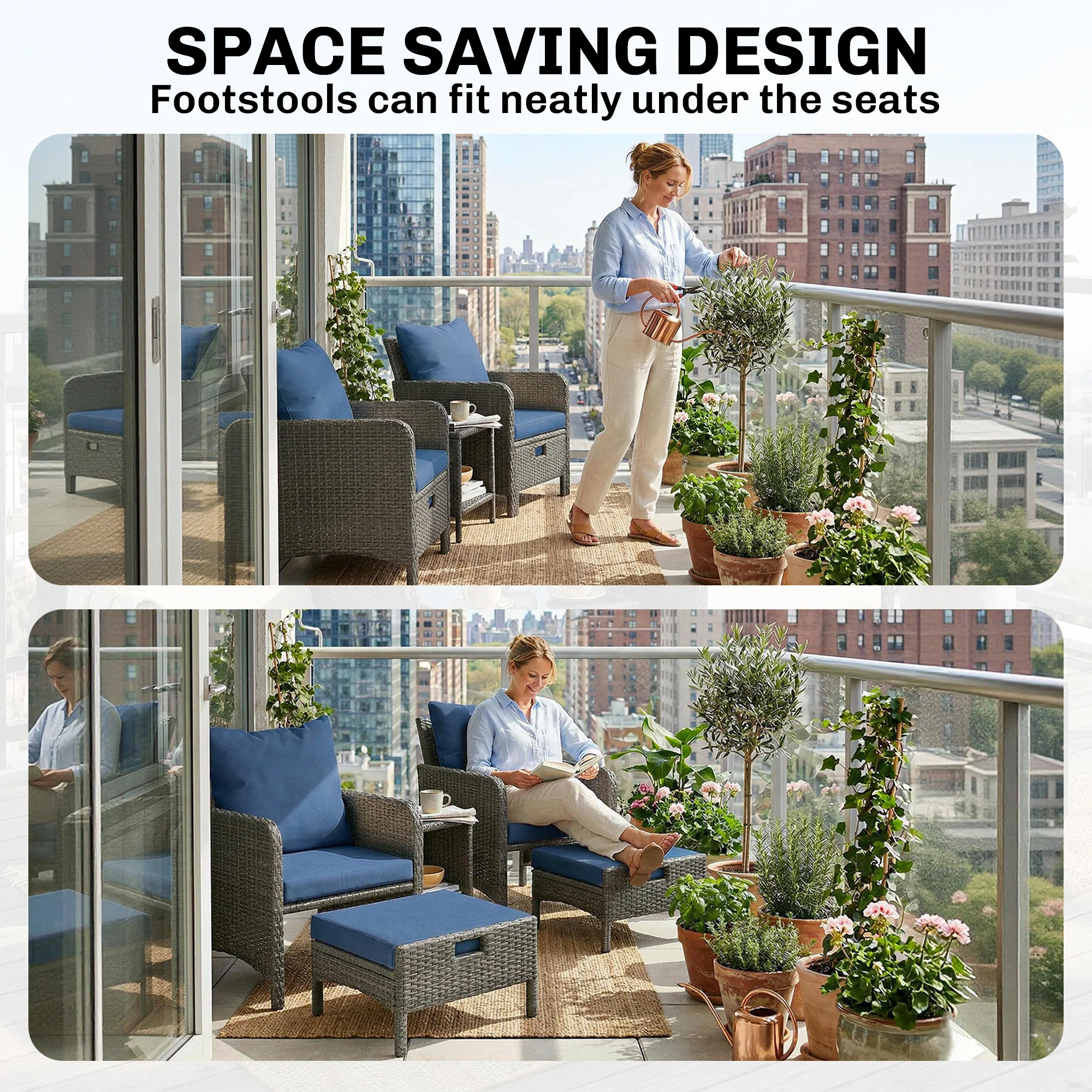 5-Piece Wicker Patio Conversation Set with 23.6" Deep Seats, 2 Ottomans, Glass Coffee Table, Cushions, Navy Blue - Image 8