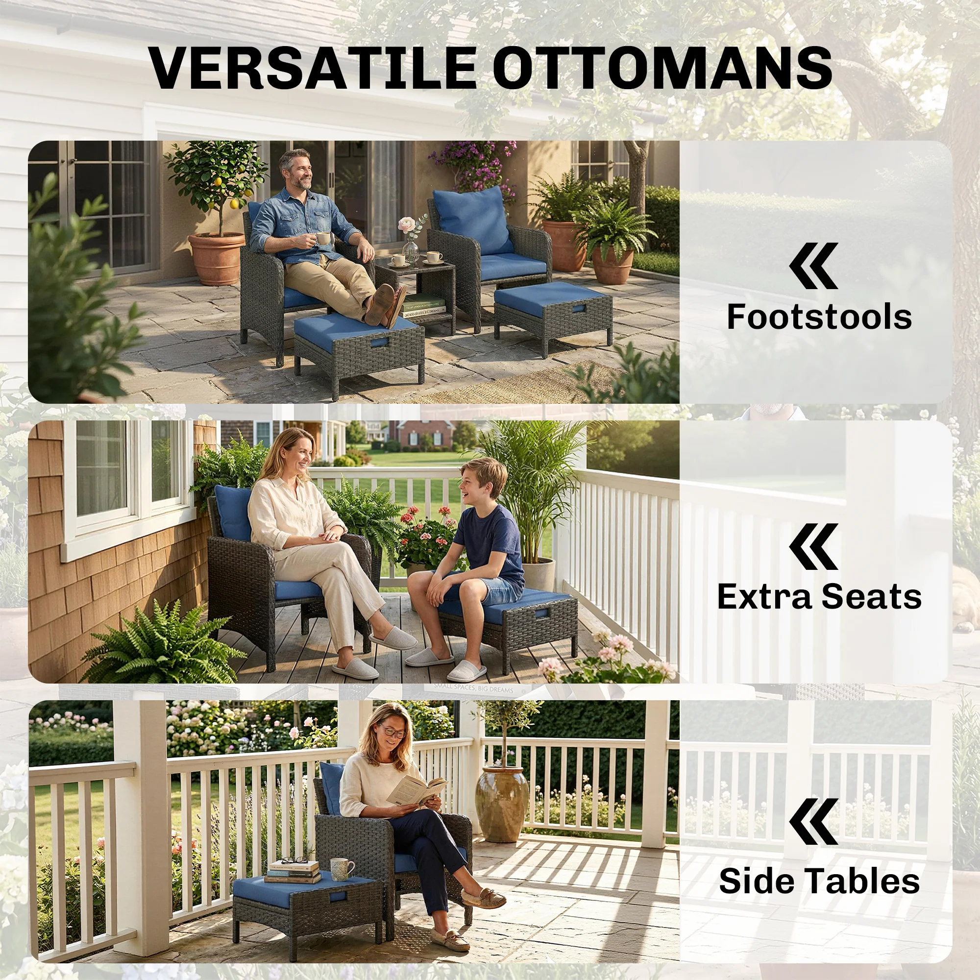 5-Piece Wicker Patio Conversation Set with 23.6" Deep Seats, 2 Ottomans, Glass Coffee Table, Cushions, Navy Blue - Image 9