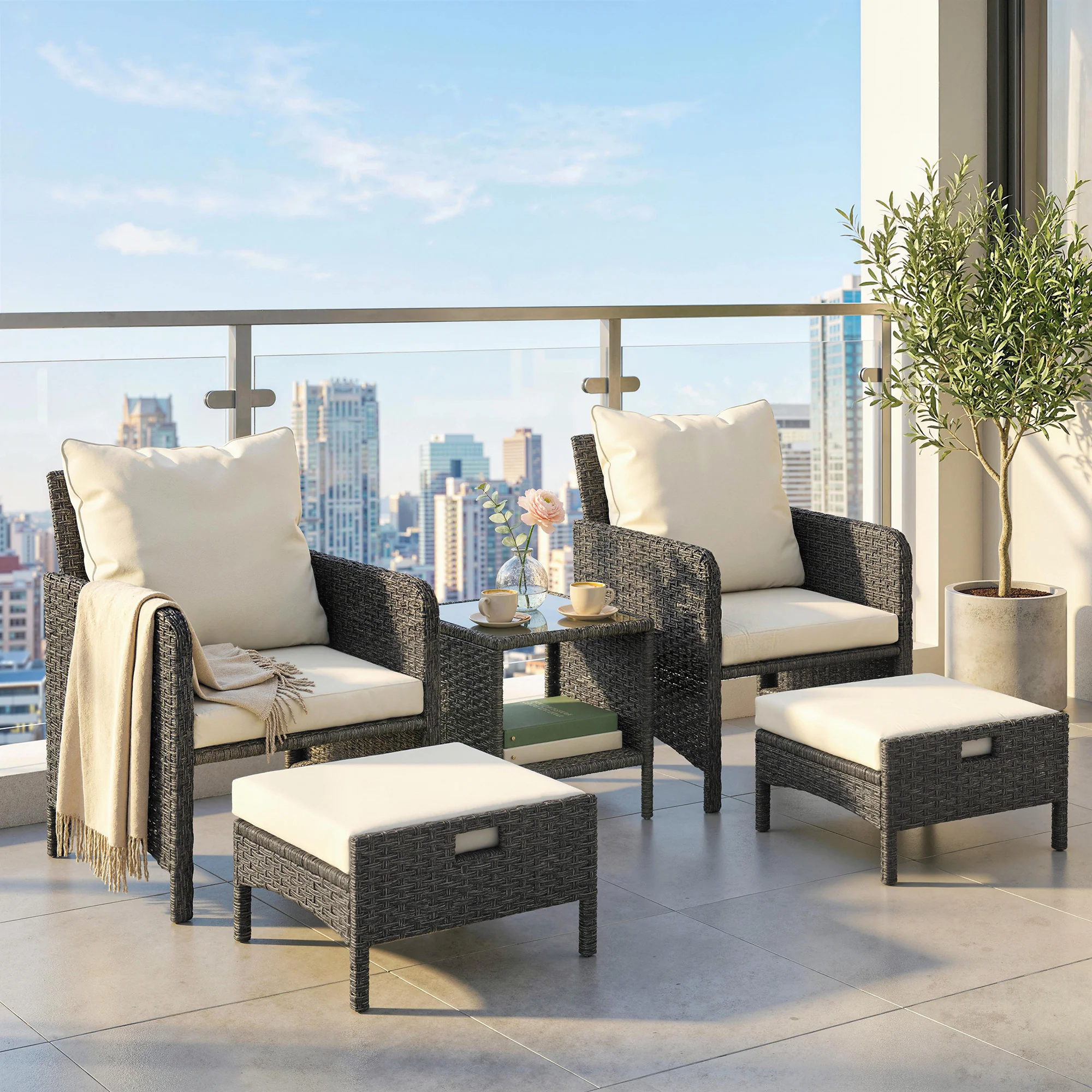 5-Piece Wicker Patio Set with 23.6" Deep Seats, 2 Ottomans & Glass Table, Beige - Image 3