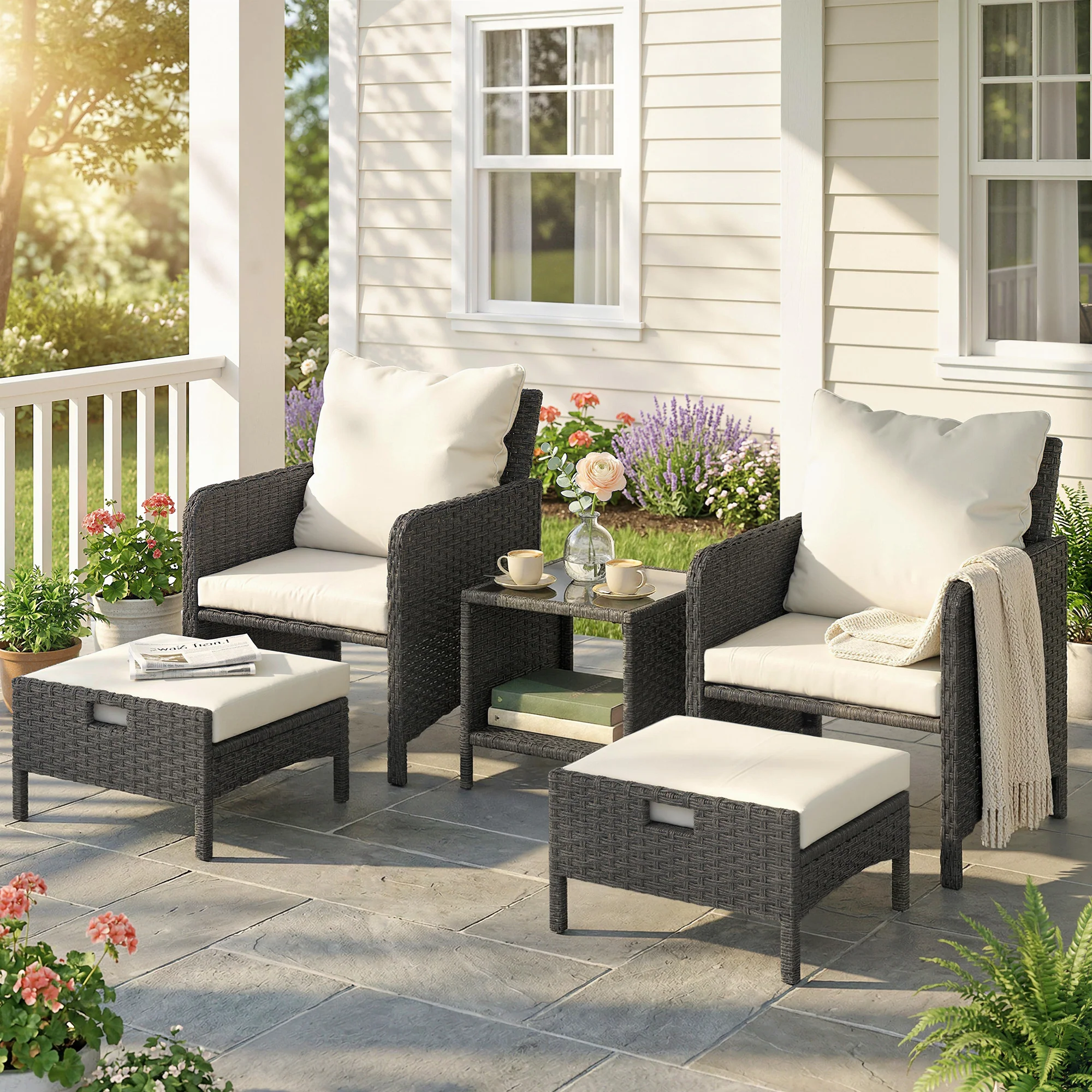 5-Piece Wicker Patio Set with 23.6" Deep Seats, 2 Ottomans & Glass Table, Beige - Image 4