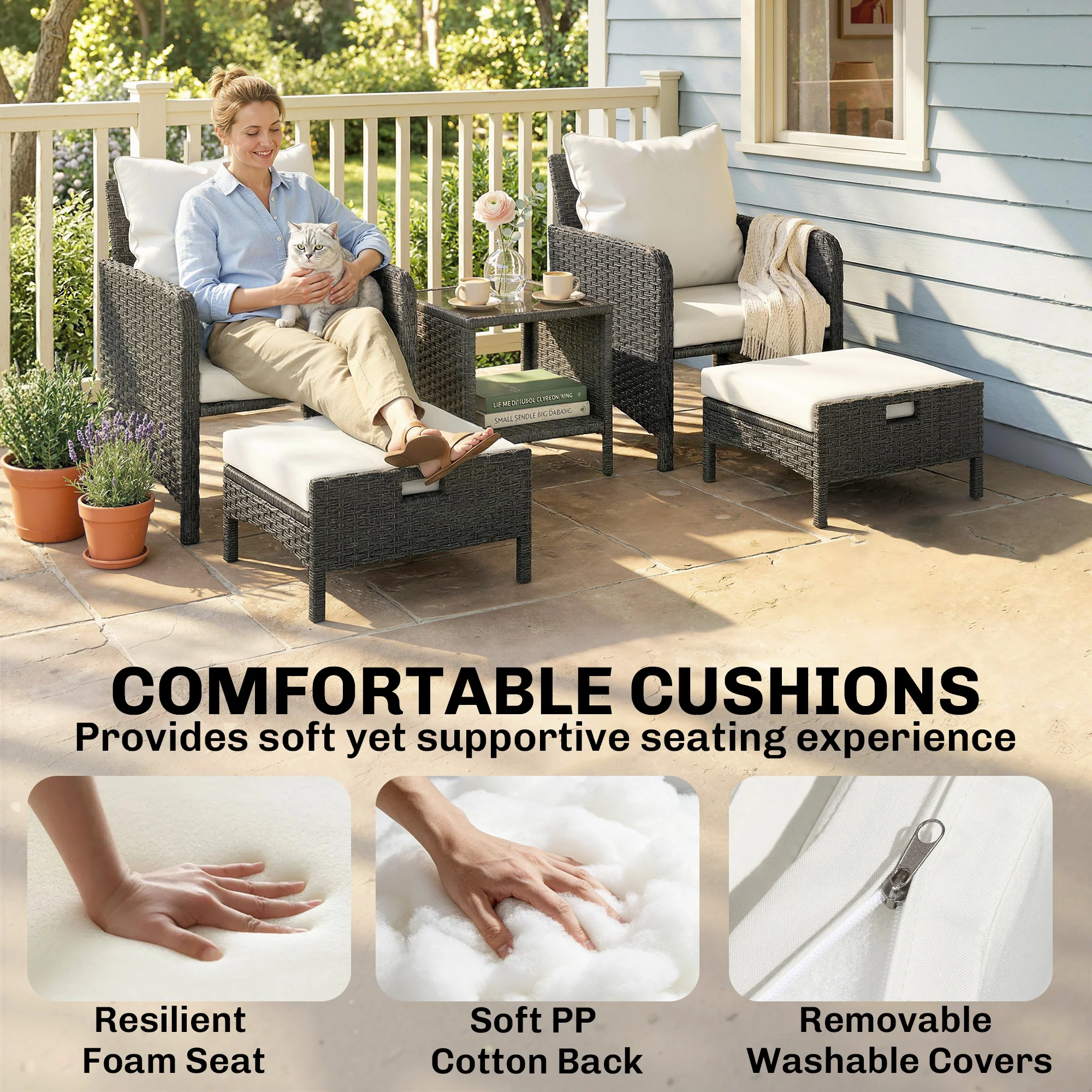 5-Piece Wicker Patio Set with 23.6" Deep Seats, 2 Ottomans & Glass Table, Beige - Image 7
