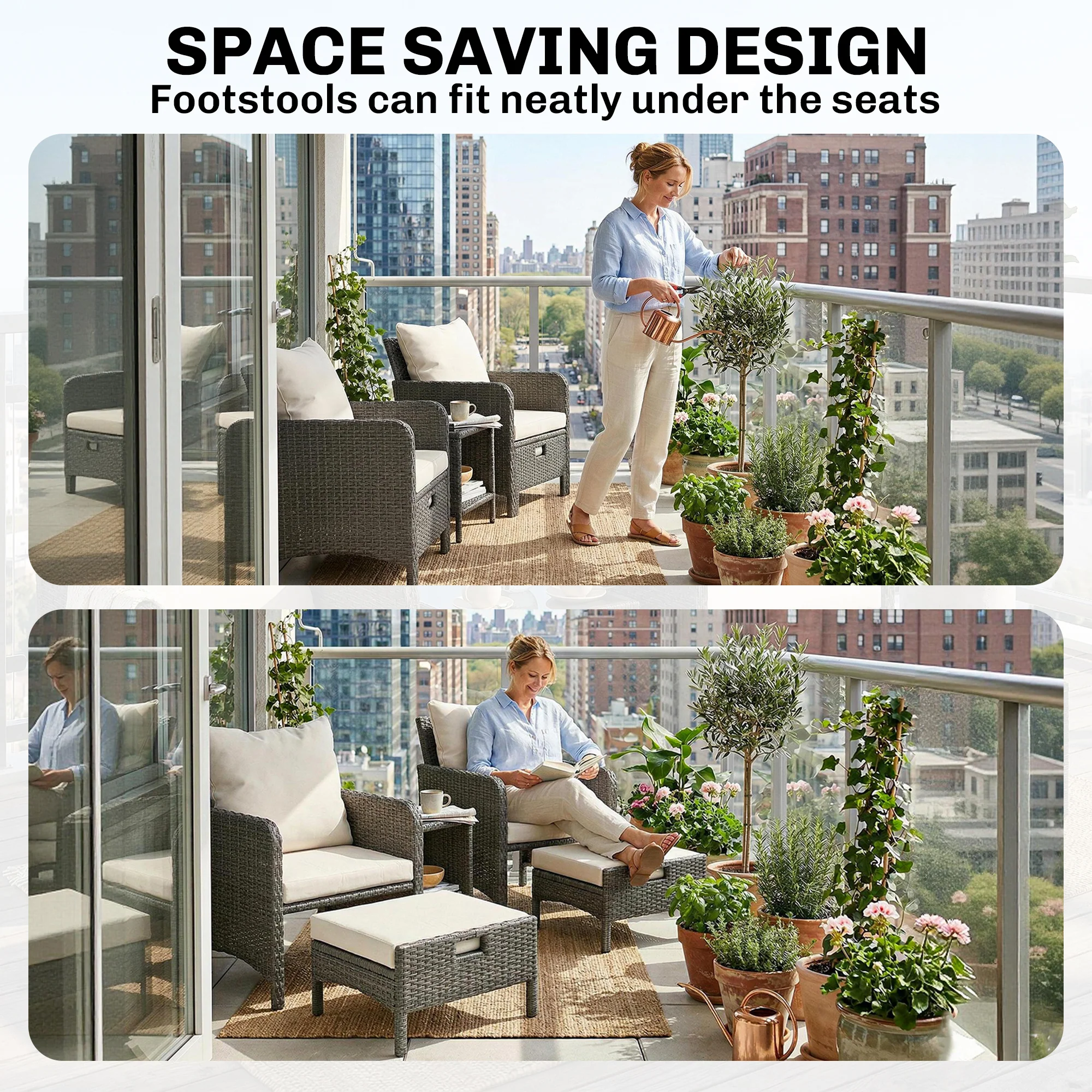 5-Piece Wicker Patio Set with 23.6" Deep Seats, 2 Ottomans & Glass Table, Beige - Image 8