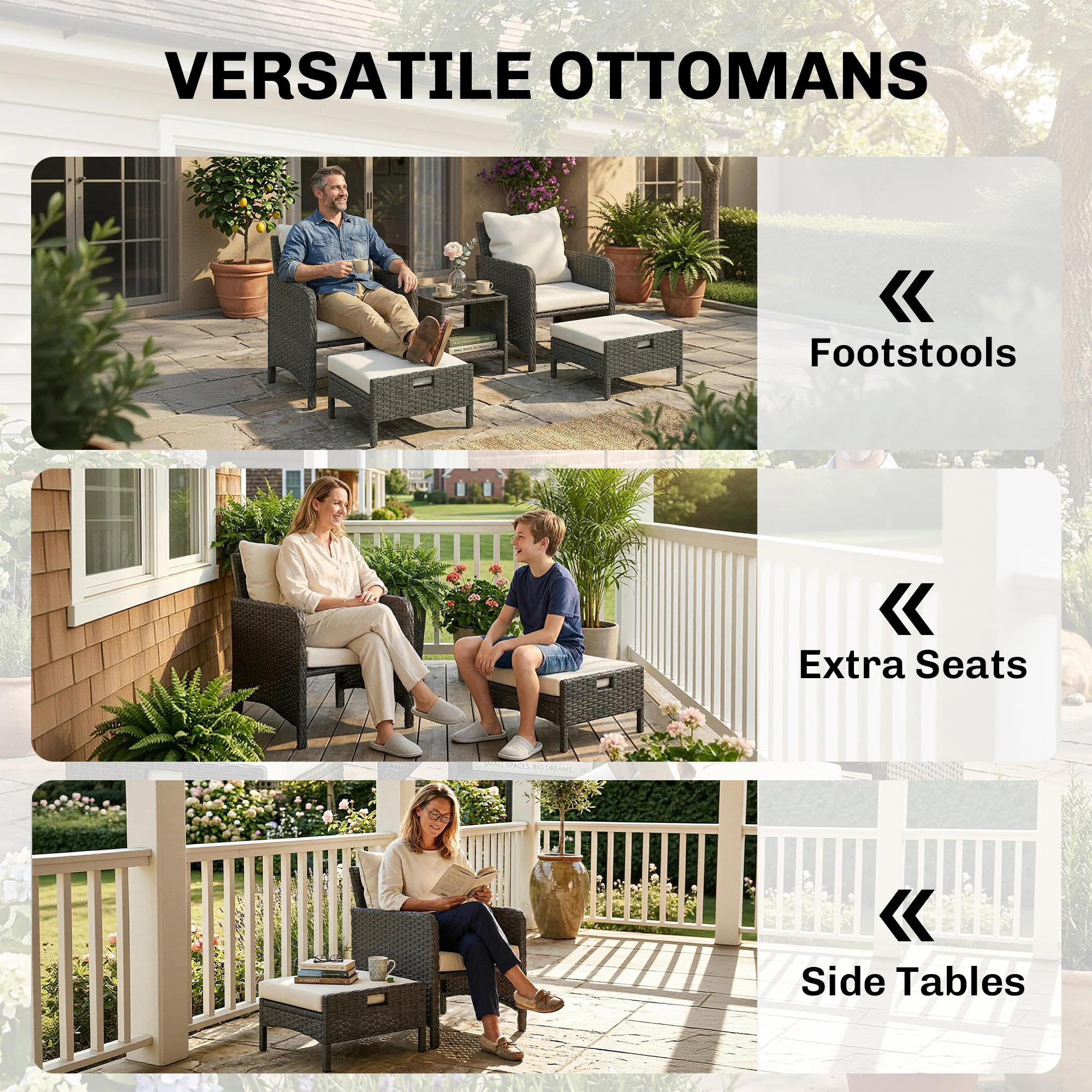 5-Piece Wicker Patio Set with 23.6" Deep Seats, 2 Ottomans & Glass Table, Beige - Image 9