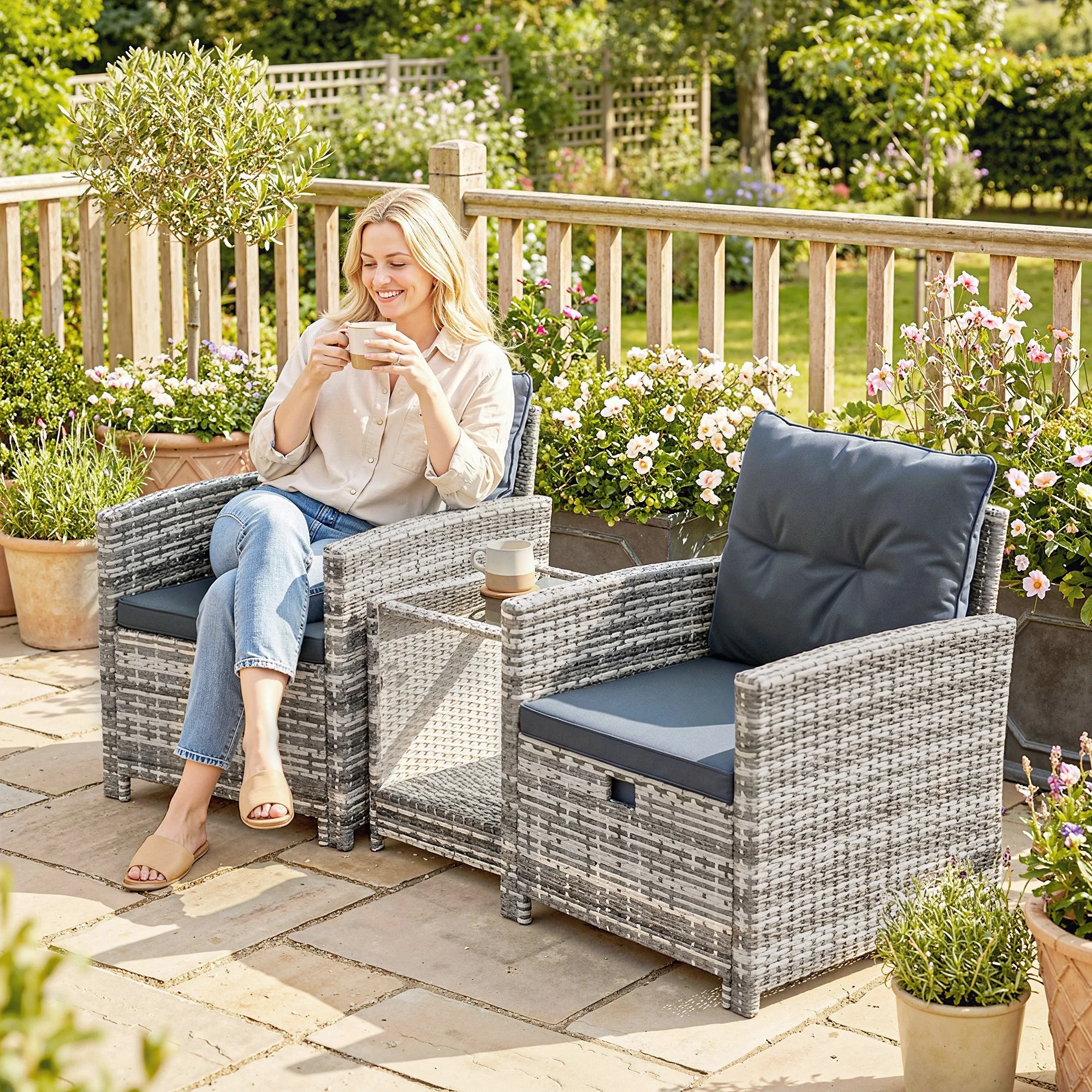 5-Piece Rattan Sofa Set with Ottomans, 2-Tier Glass Table, Grey/Dark Grey - Image 11