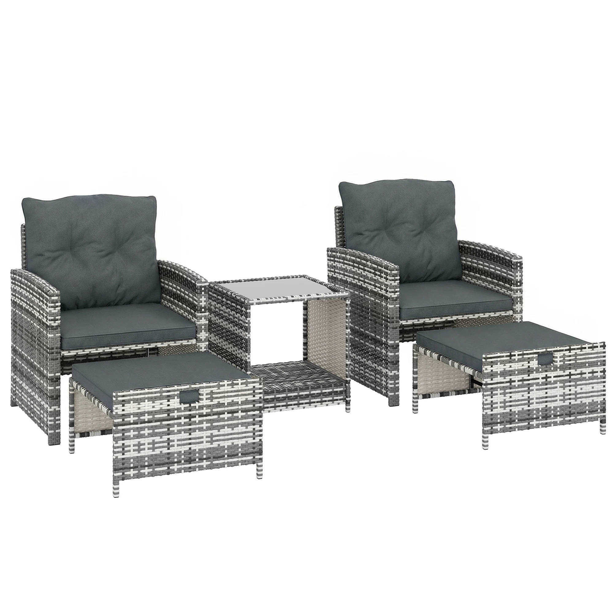 5-Piece Rattan Sofa Set with Ottomans, 2-Tier Glass Table, Grey/Dark Grey - Image 12