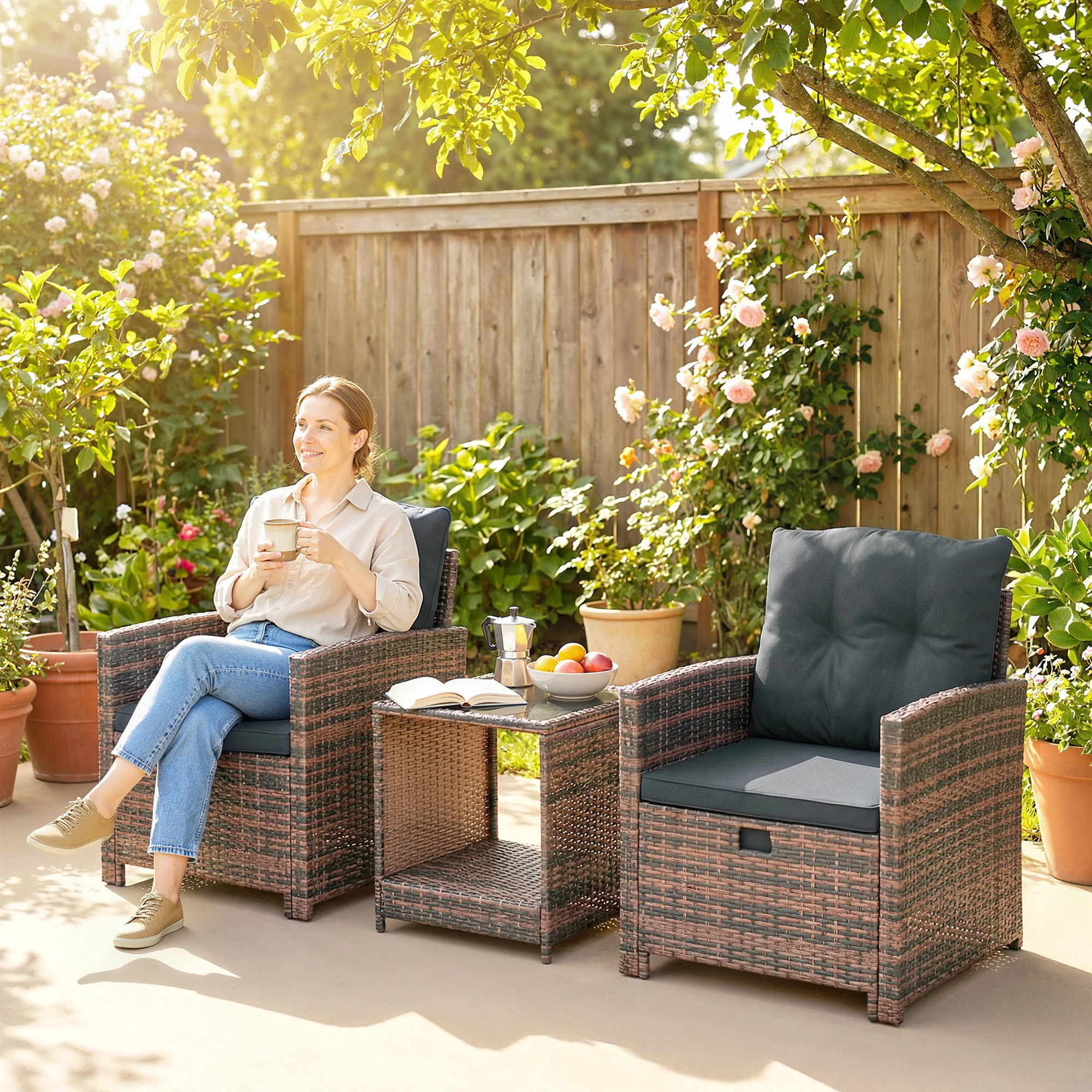 5-Piece Wicker Patio Set with Ottomans and 2-Tier Glass Table, Brown, Dark Grey - Image 11