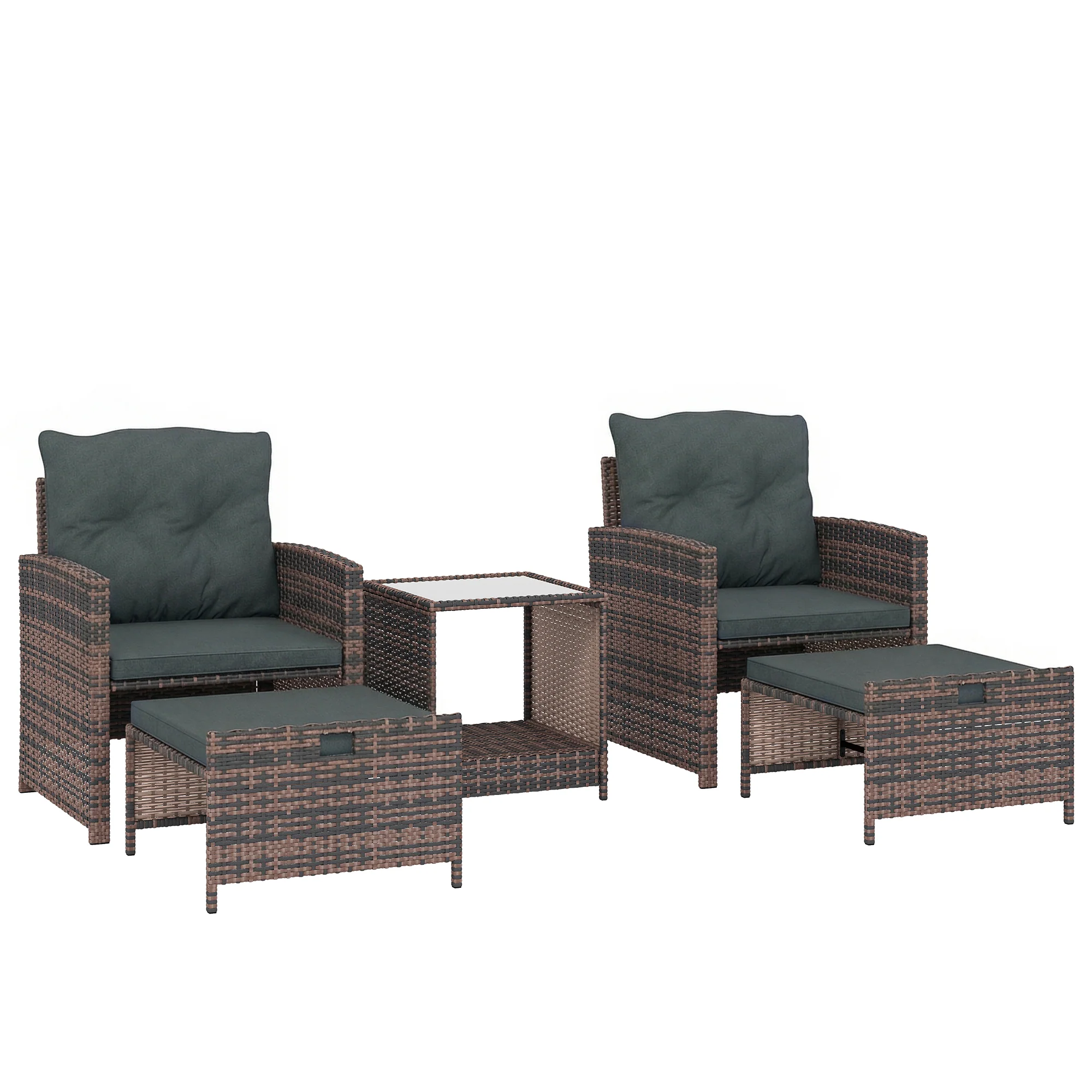 5-Piece Wicker Patio Set with Ottomans and 2-Tier Glass Table, Brown, Dark Grey - Image 12