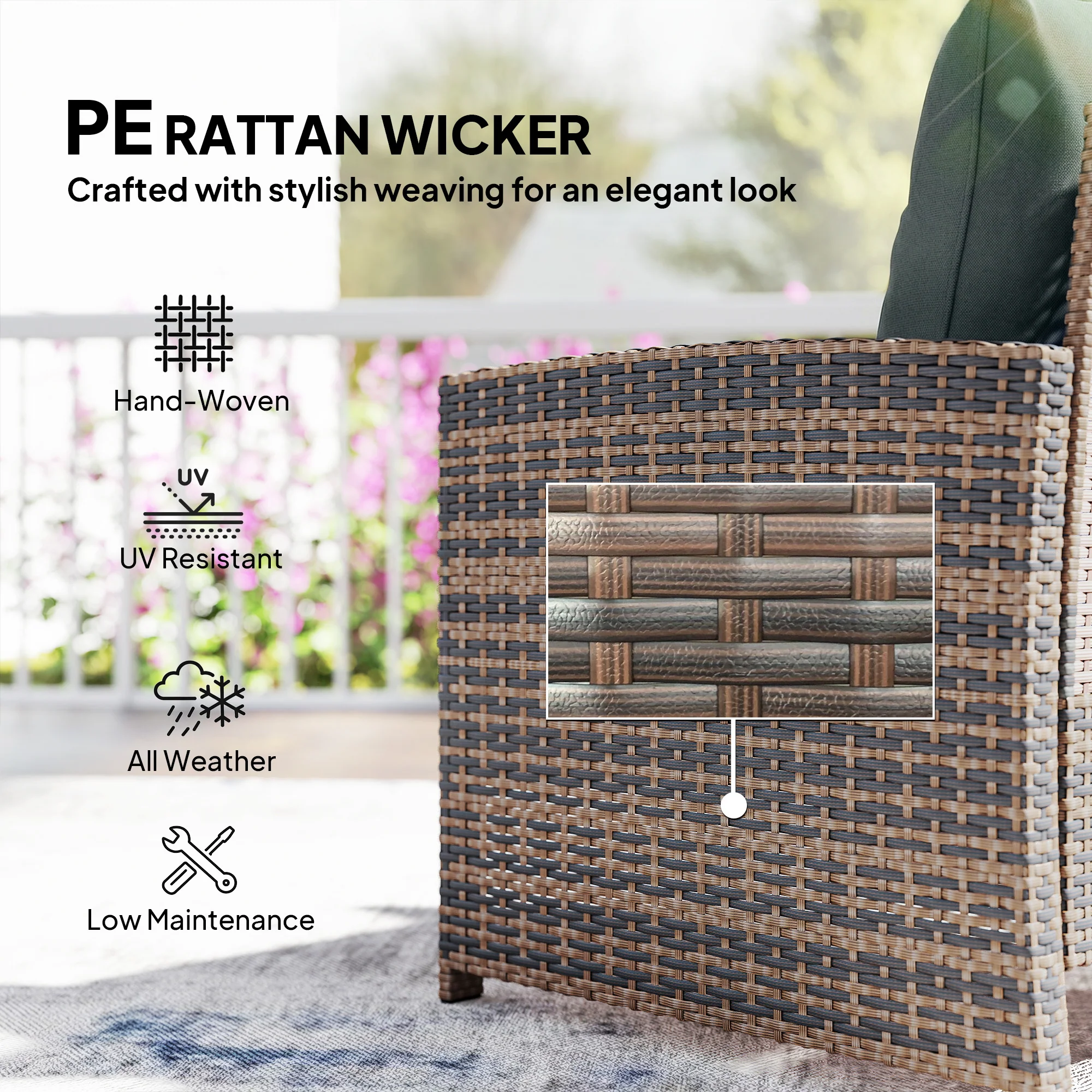 5-Piece Wicker Patio Set with Ottomans and 2-Tier Glass Table, Brown, Dark Grey - Image 8