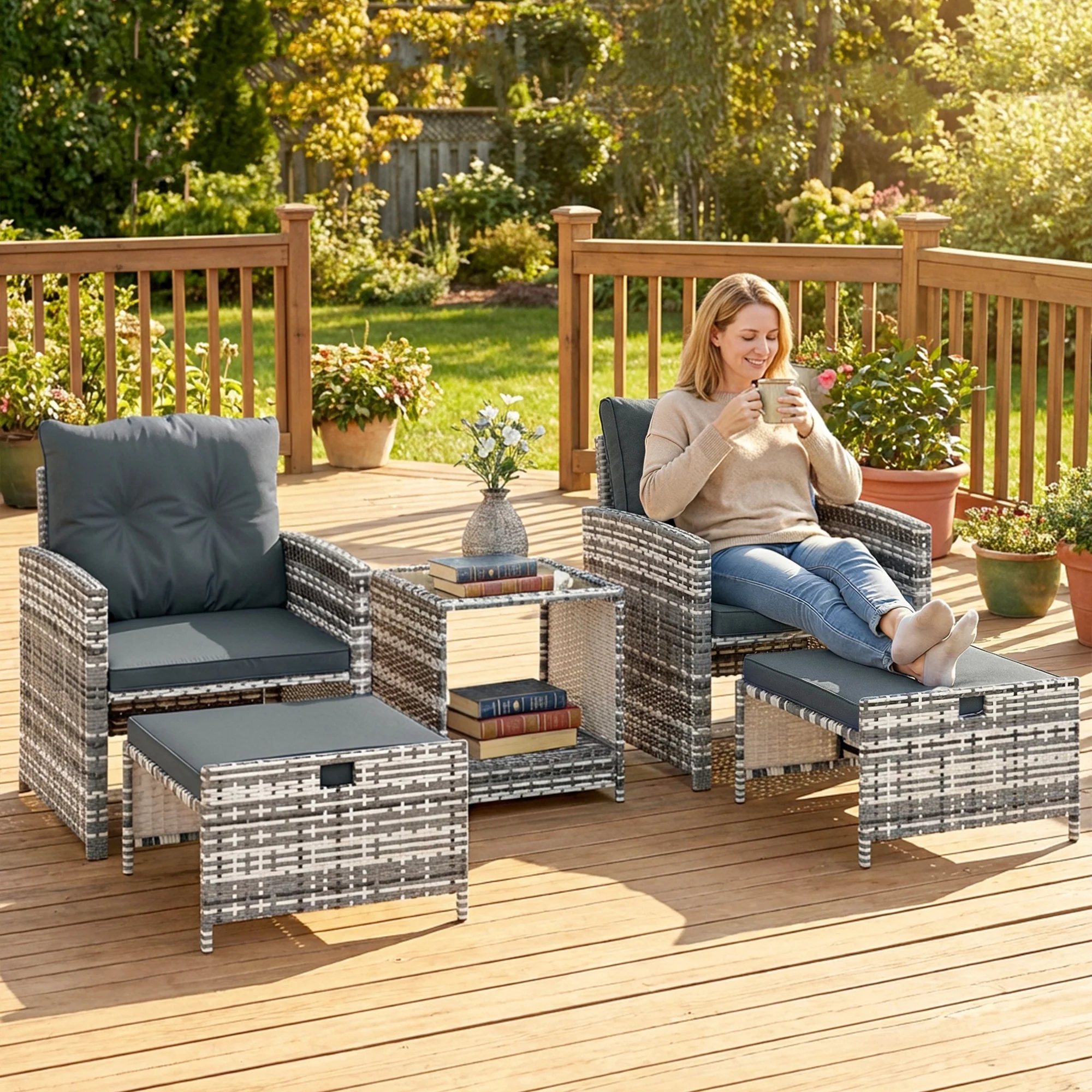 5-Piece Rattan Sofa Set with Ottomans, 2-Tier Glass Table, Grey/Dark Grey - Image 3