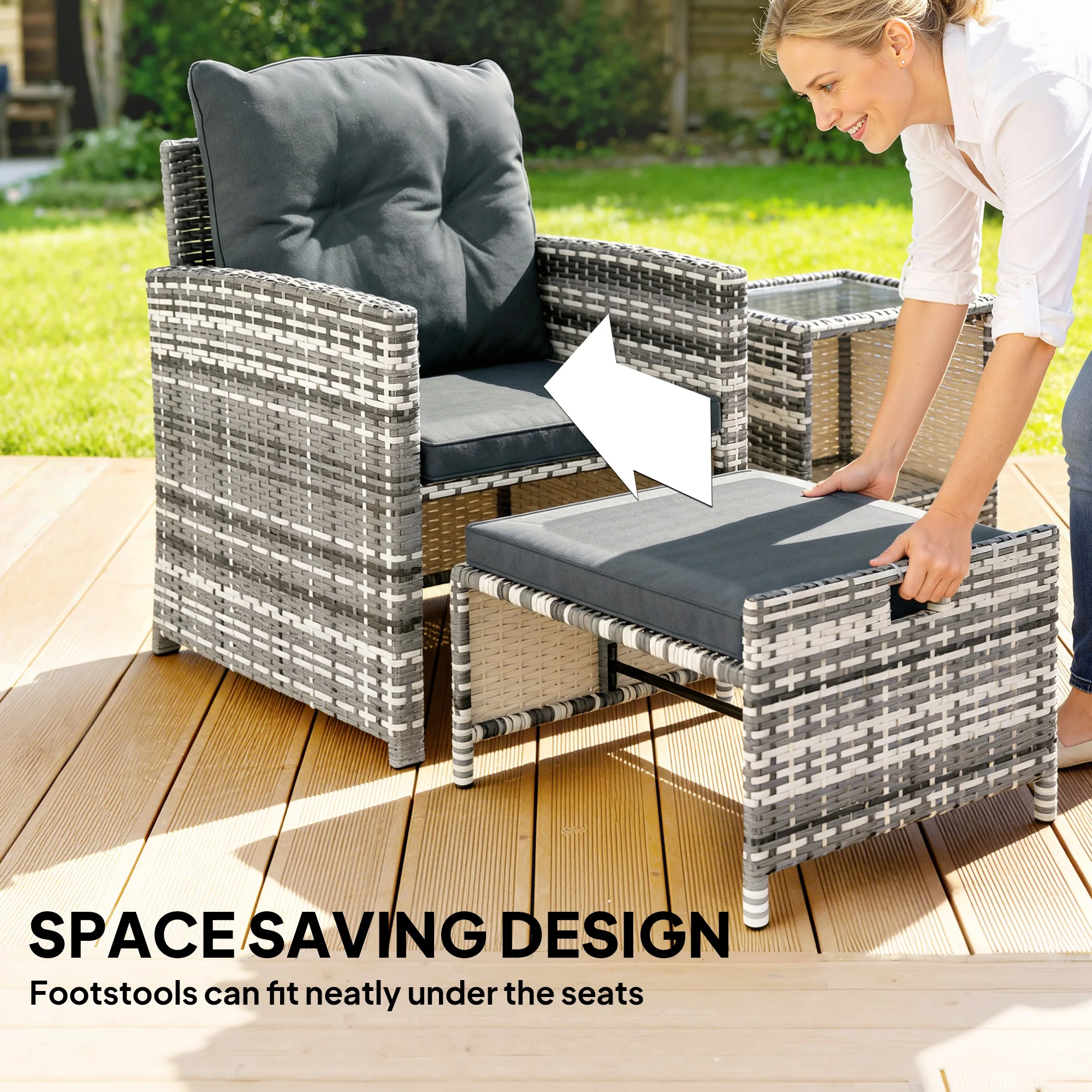 5-Piece Rattan Sofa Set with Ottomans, 2-Tier Glass Table, Grey/Dark Grey - Image 6