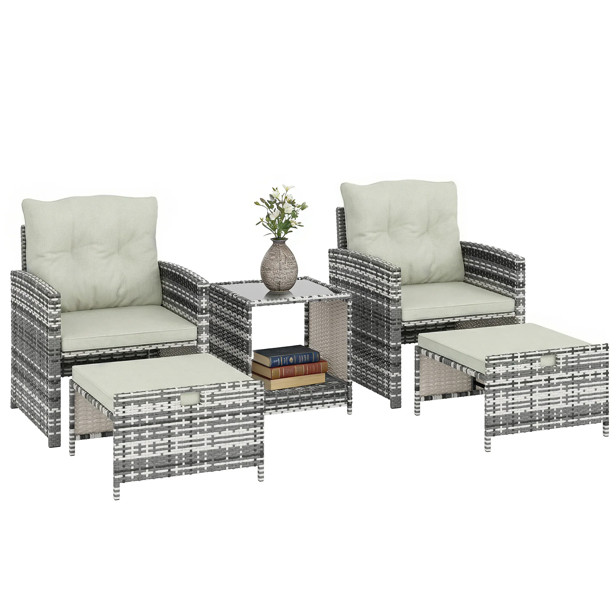5-Piece Rattan Patio Set with Ottomans and 2-Tier Glass Coffee Table, Grey Cream