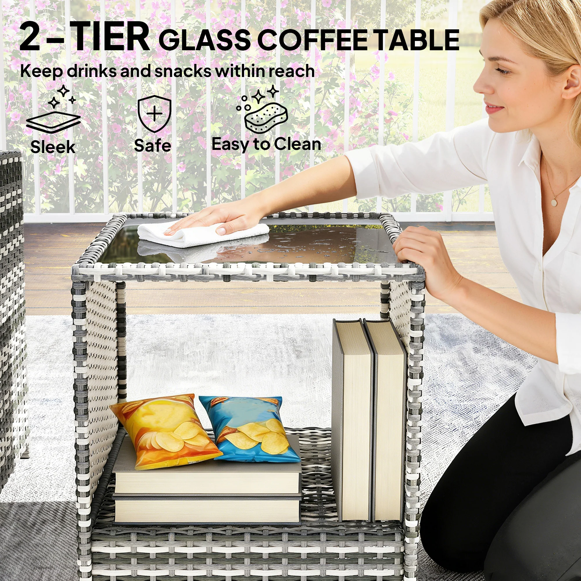 5-Piece Rattan Patio Set with Ottomans and 2-Tier Glass Coffee Table, Grey Cream - Image 10