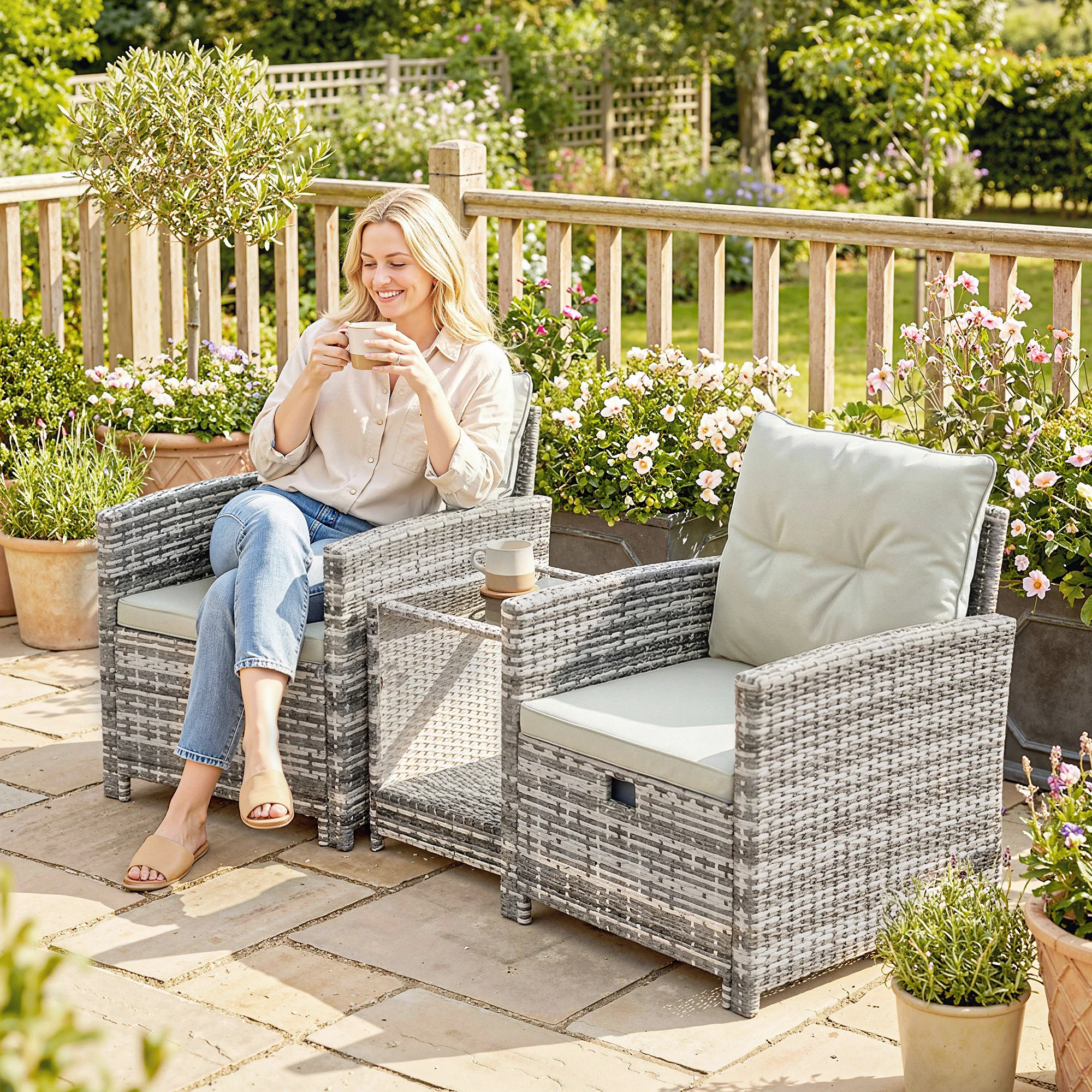 5-Piece Rattan Patio Set with Ottomans and 2-Tier Glass Coffee Table, Grey Cream - Image 11