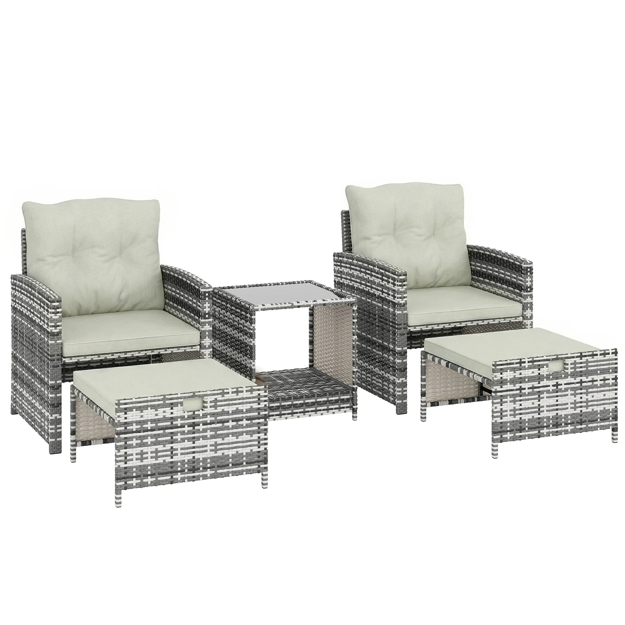5-Piece Rattan Patio Set with Ottomans and 2-Tier Glass Coffee Table, Grey Cream - Image 12