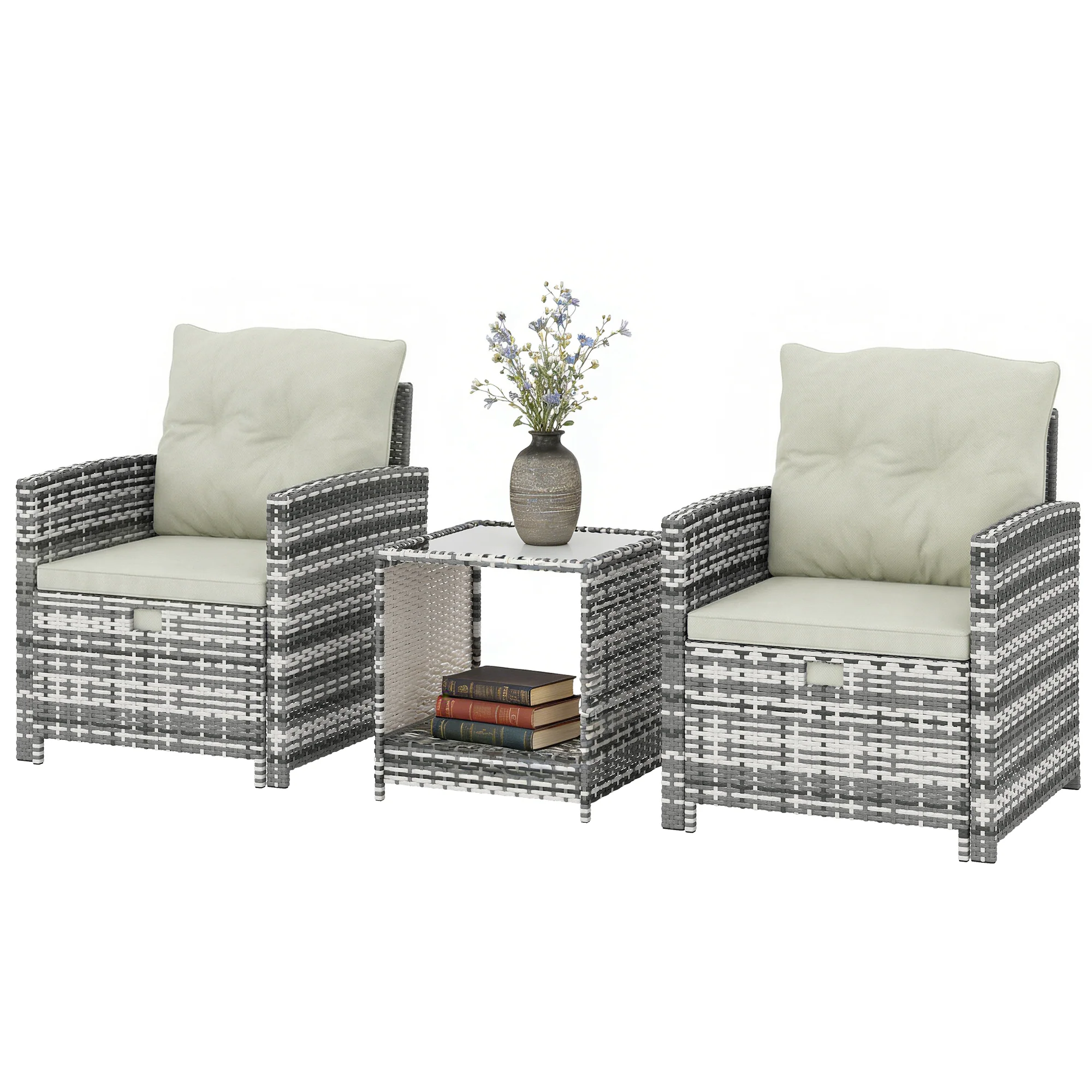 5-Piece Rattan Patio Set with Ottomans and 2-Tier Glass Coffee Table, Grey Cream - Image 2