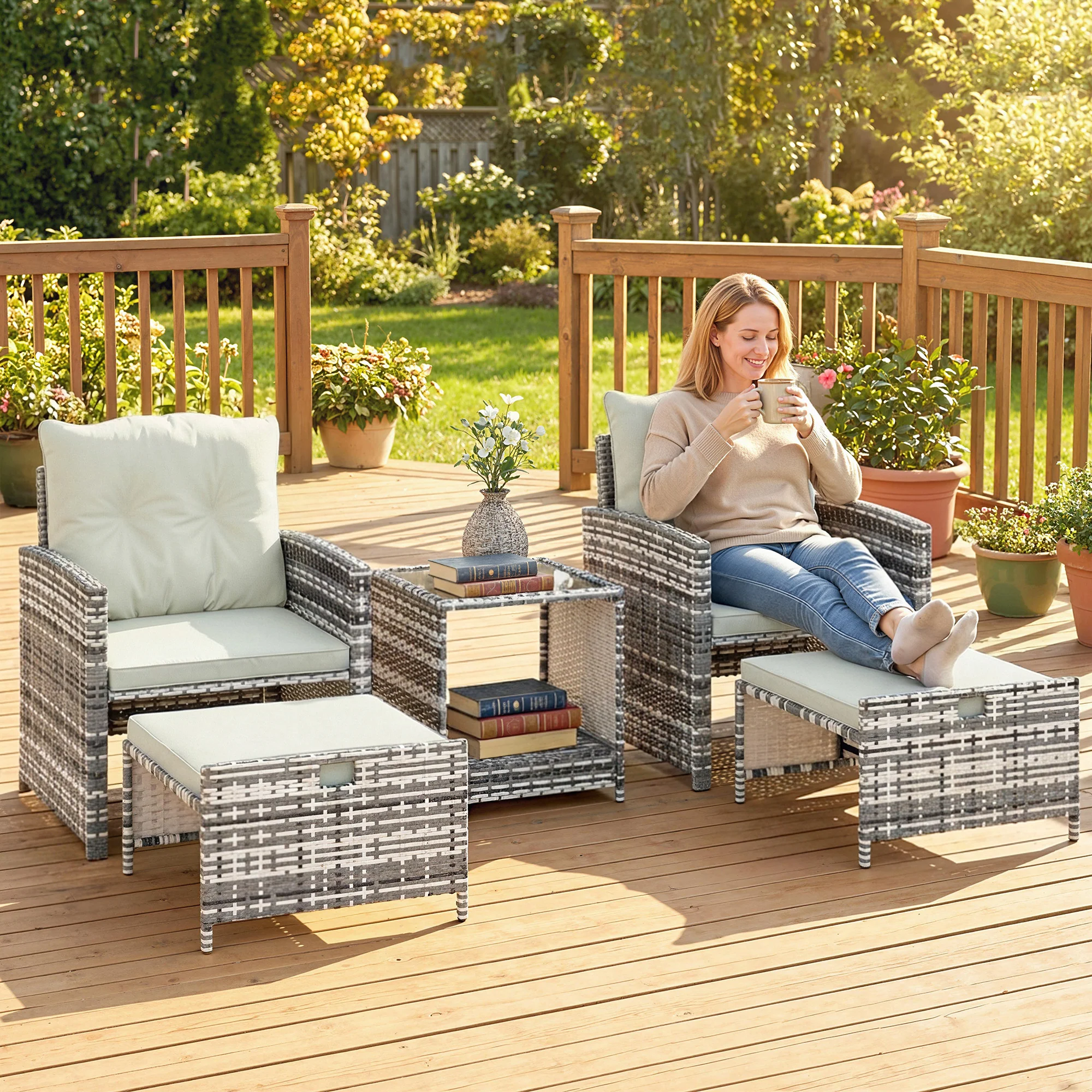 5-Piece Rattan Patio Set with Ottomans and 2-Tier Glass Coffee Table, Grey Cream - Image 3