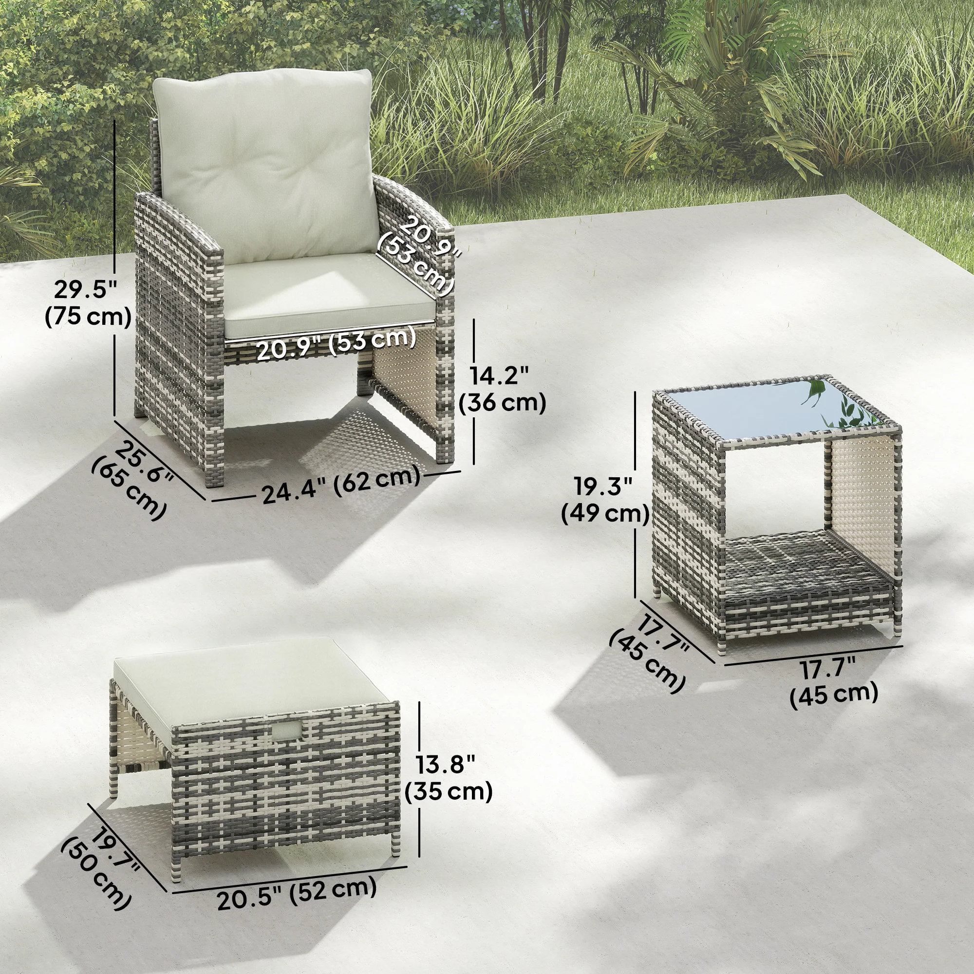 5-Piece Rattan Patio Set with Ottomans and 2-Tier Glass Coffee Table, Grey Cream - Image 5