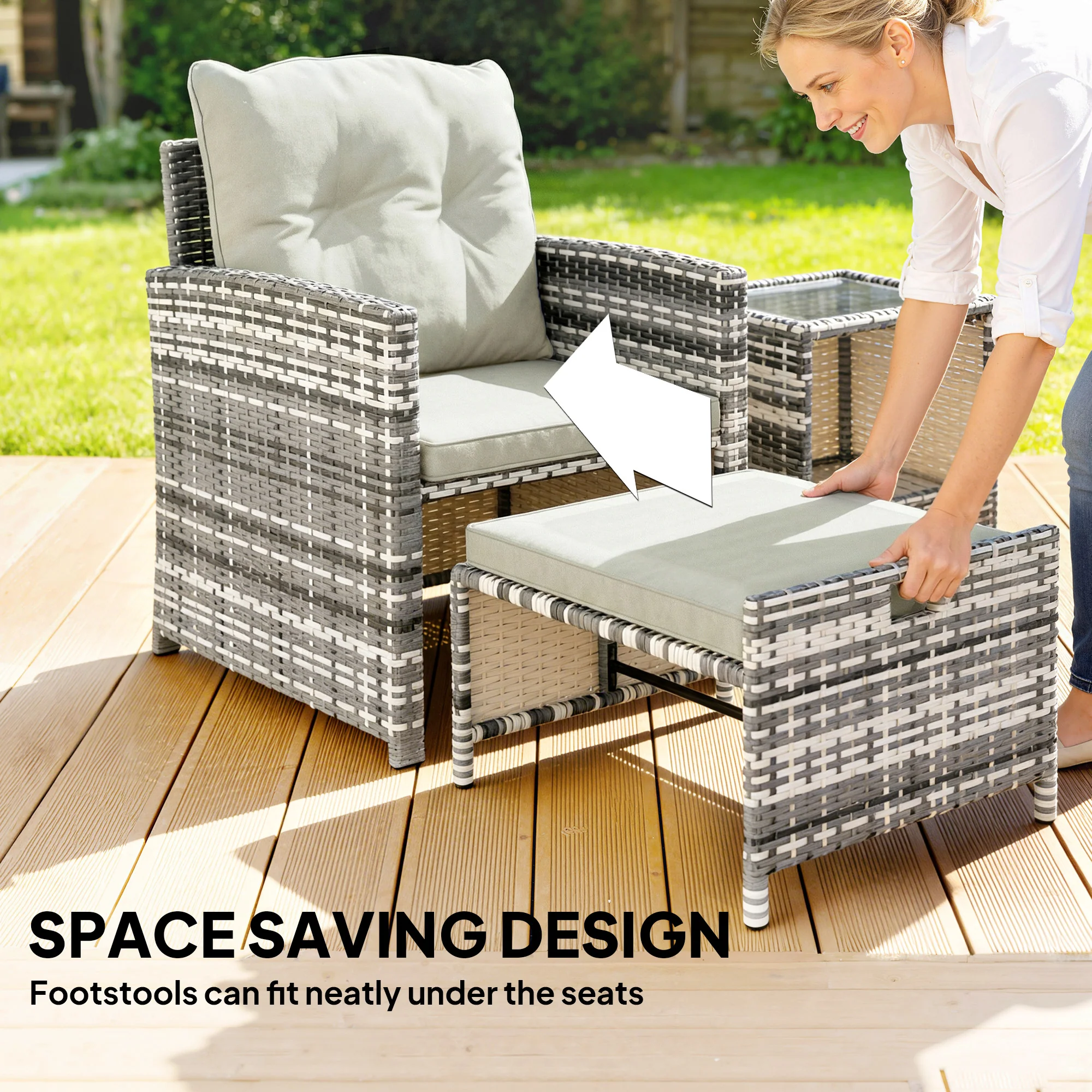 5-Piece Rattan Patio Set with Ottomans and 2-Tier Glass Coffee Table, Grey Cream - Image 6