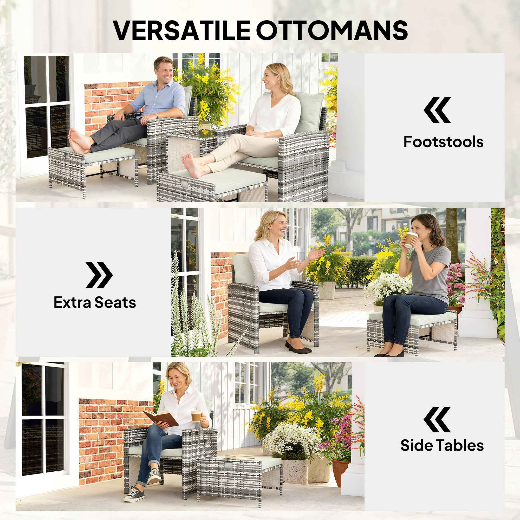 5-Piece Rattan Patio Set with Ottomans and 2-Tier Glass Coffee Table, Grey Cream - Image 7