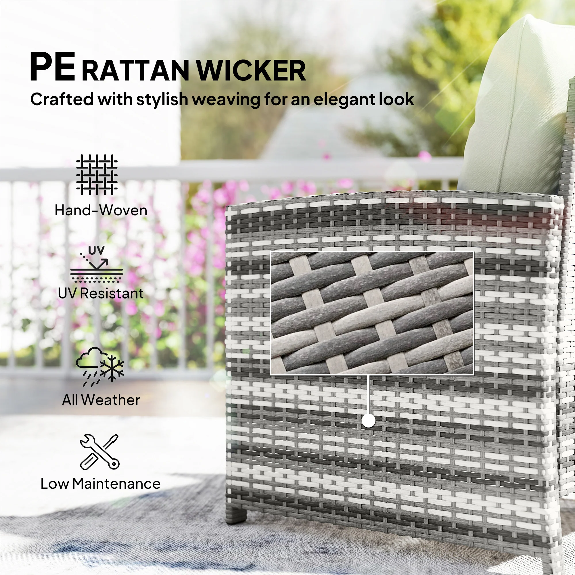 5-Piece Rattan Patio Set with Ottomans and 2-Tier Glass Coffee Table, Grey Cream - Image 8