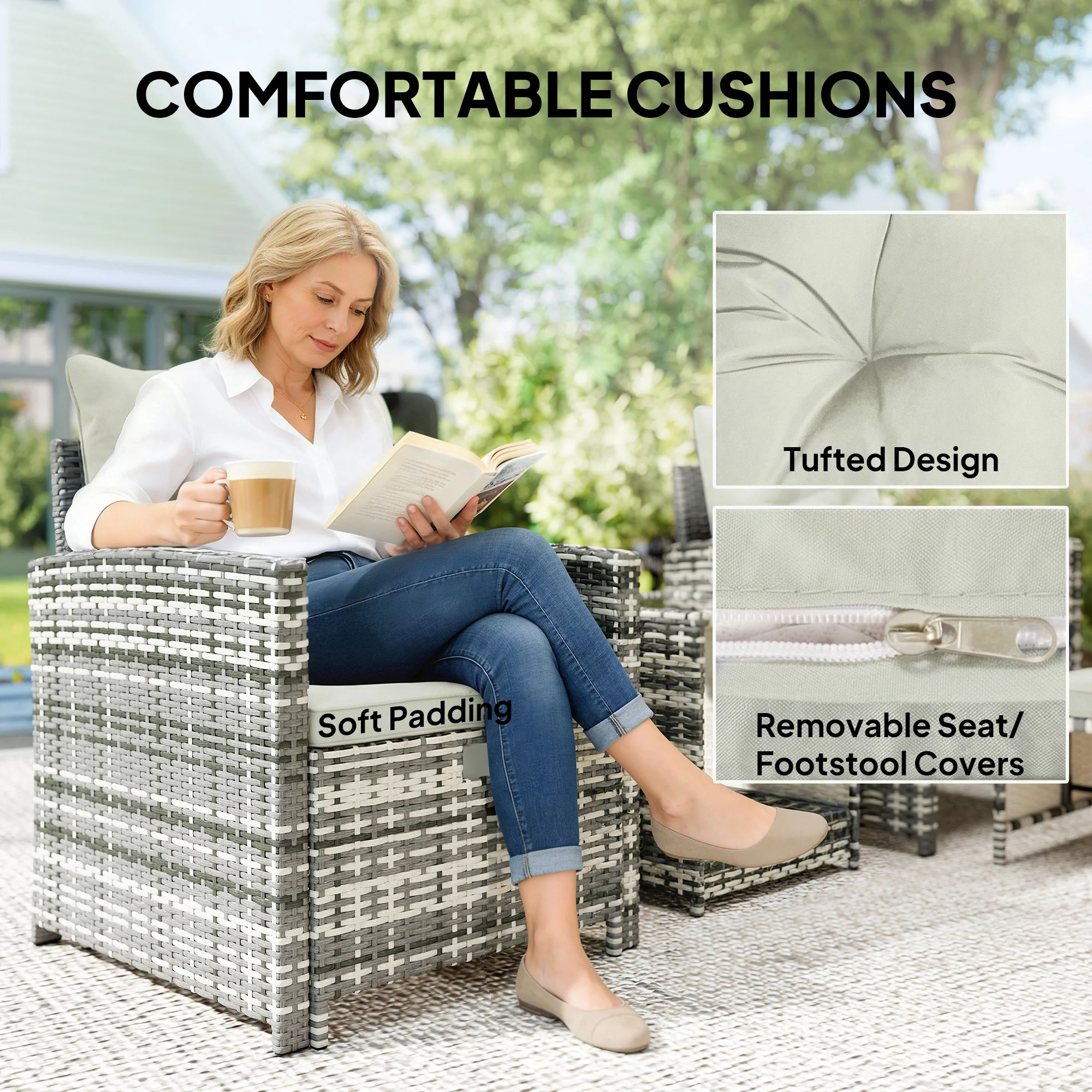 5-Piece Rattan Patio Set with Ottomans and 2-Tier Glass Coffee Table, Grey Cream - Image 9