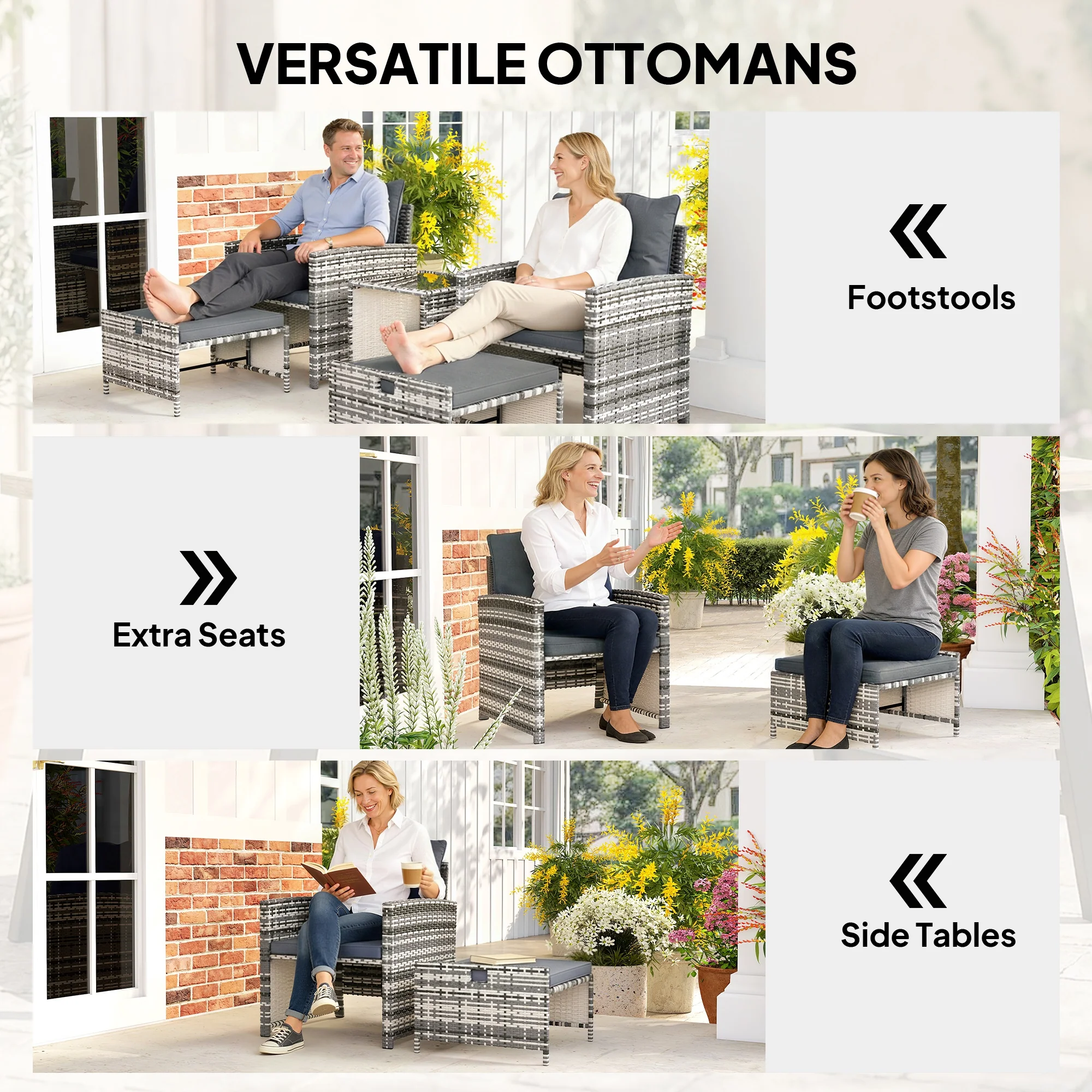 5-Piece Rattan Sofa Set with Ottomans, 2-Tier Glass Table, Grey/Dark Grey - Image 7