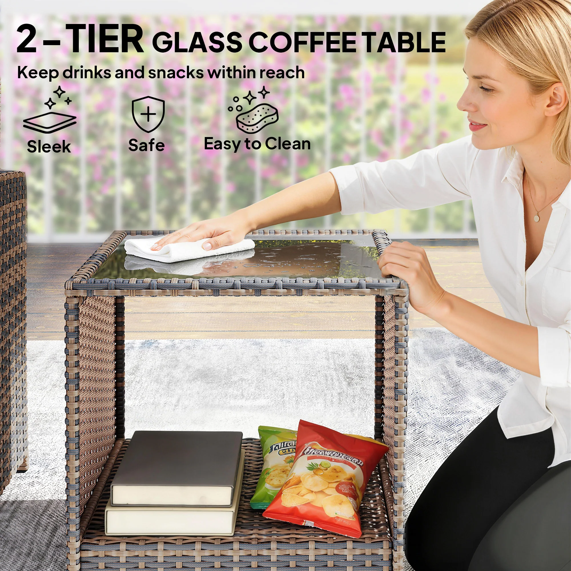 5-Piece Patio Set with Ottomans and 2-Tier Glass Table, Brown and Dark Blue - Image 10