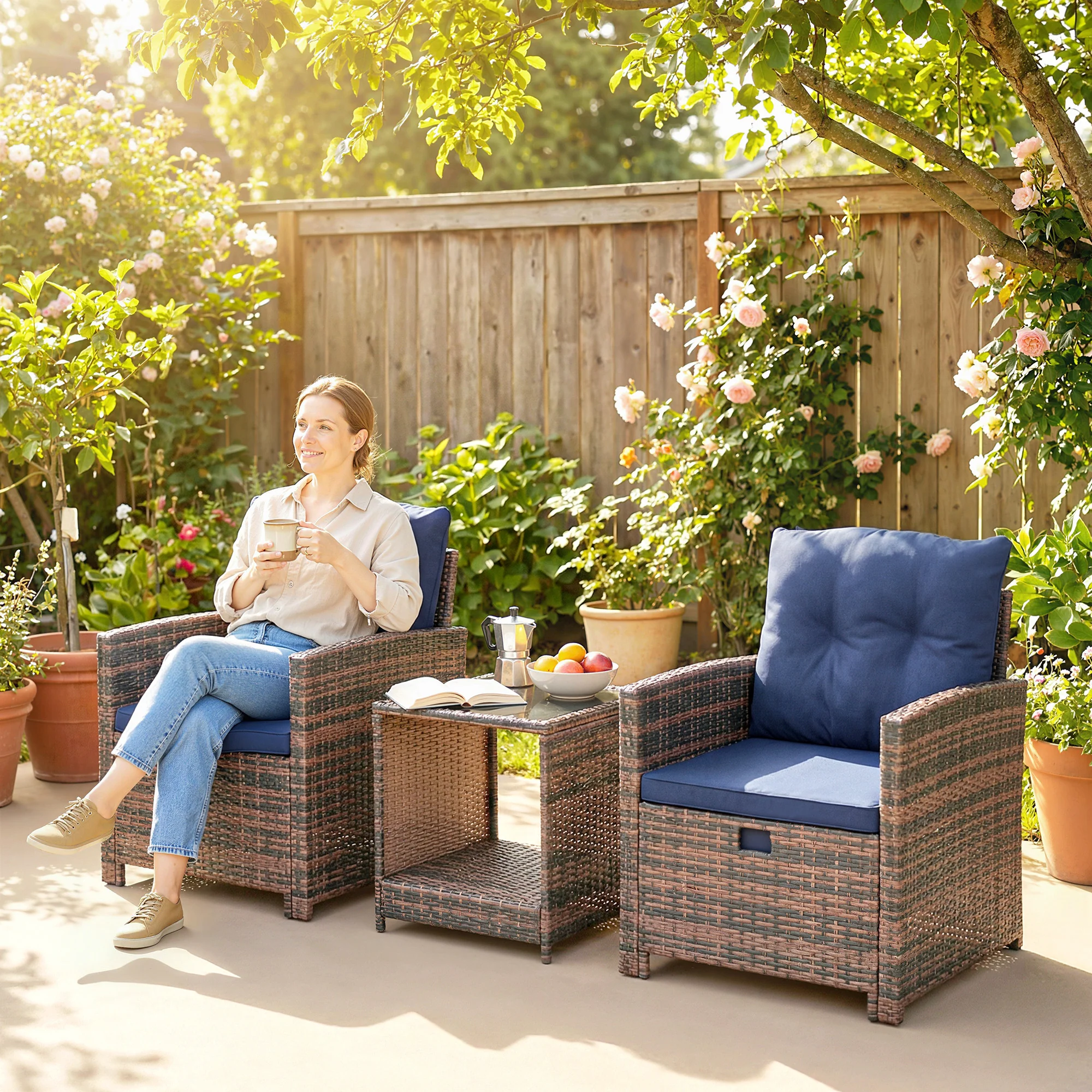 5-Piece Patio Set with Ottomans and 2-Tier Glass Table, Brown and Dark Blue - Image 11