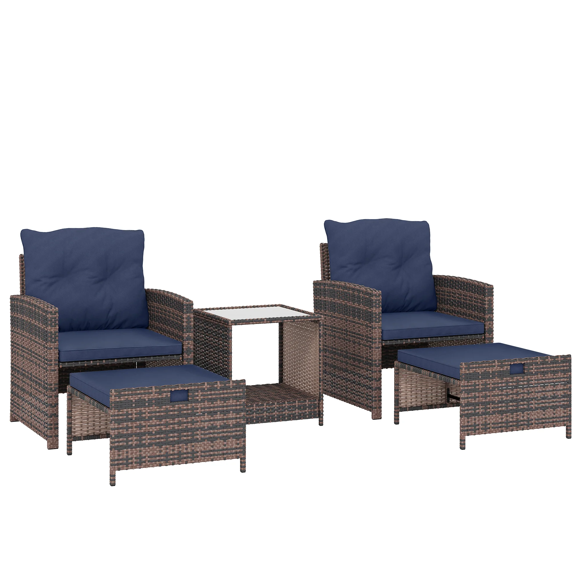 5-Piece Patio Set with Ottomans and 2-Tier Glass Table, Brown and Dark Blue - Image 12