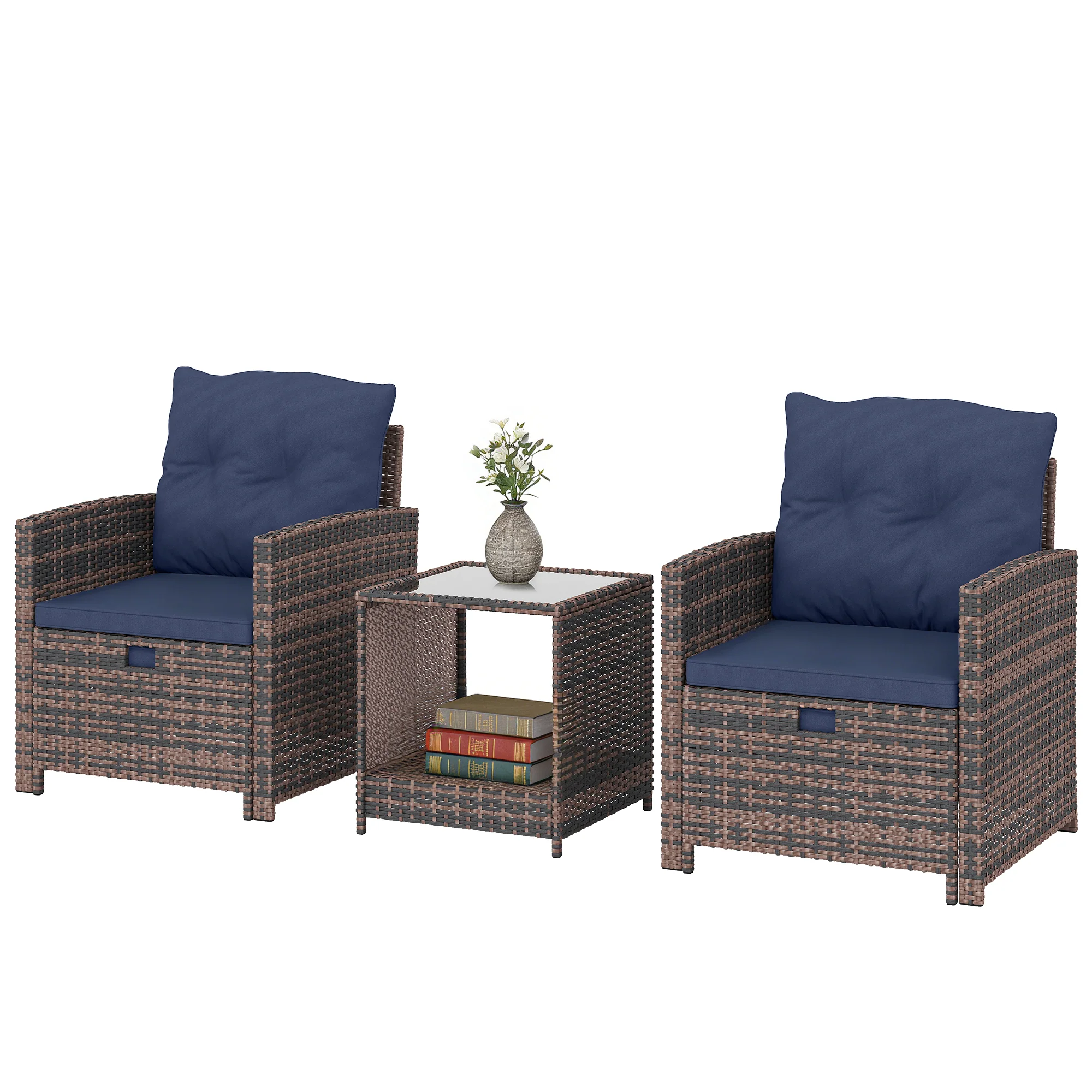 5-Piece Patio Set with Ottomans and 2-Tier Glass Table, Brown and Dark Blue - Image 2