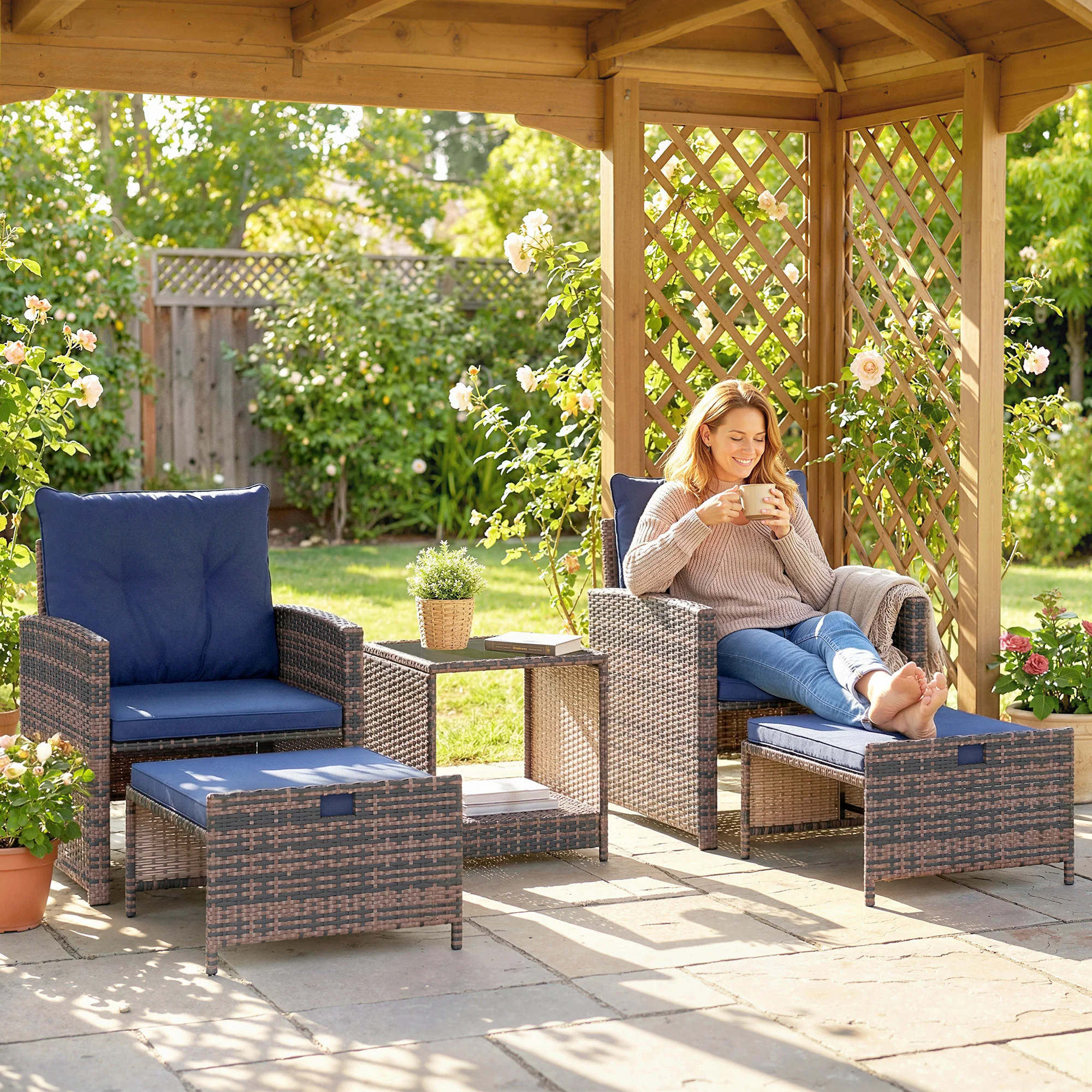 5-Piece Patio Set with Ottomans and 2-Tier Glass Table, Brown and Dark Blue - Image 3